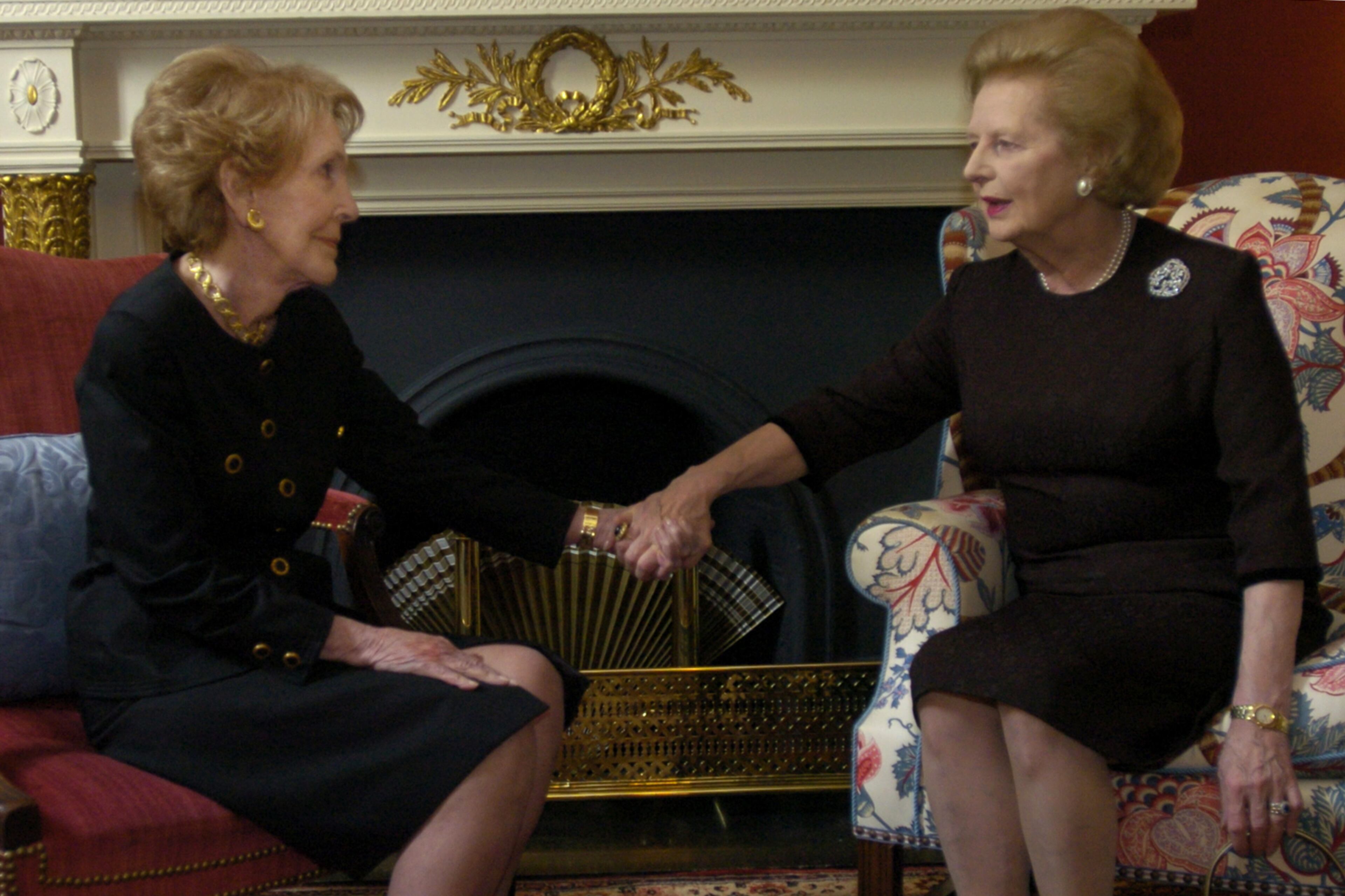 Nancy Reagan,left, meets with Lady Margaret Thatcher, former Prime Minister of Great Britain, at the Blair House in Washington, D.C. Thursday, June 10, 2004. (AP Photo/Ronald Reagan Presidential Foundation, Pete Souza)