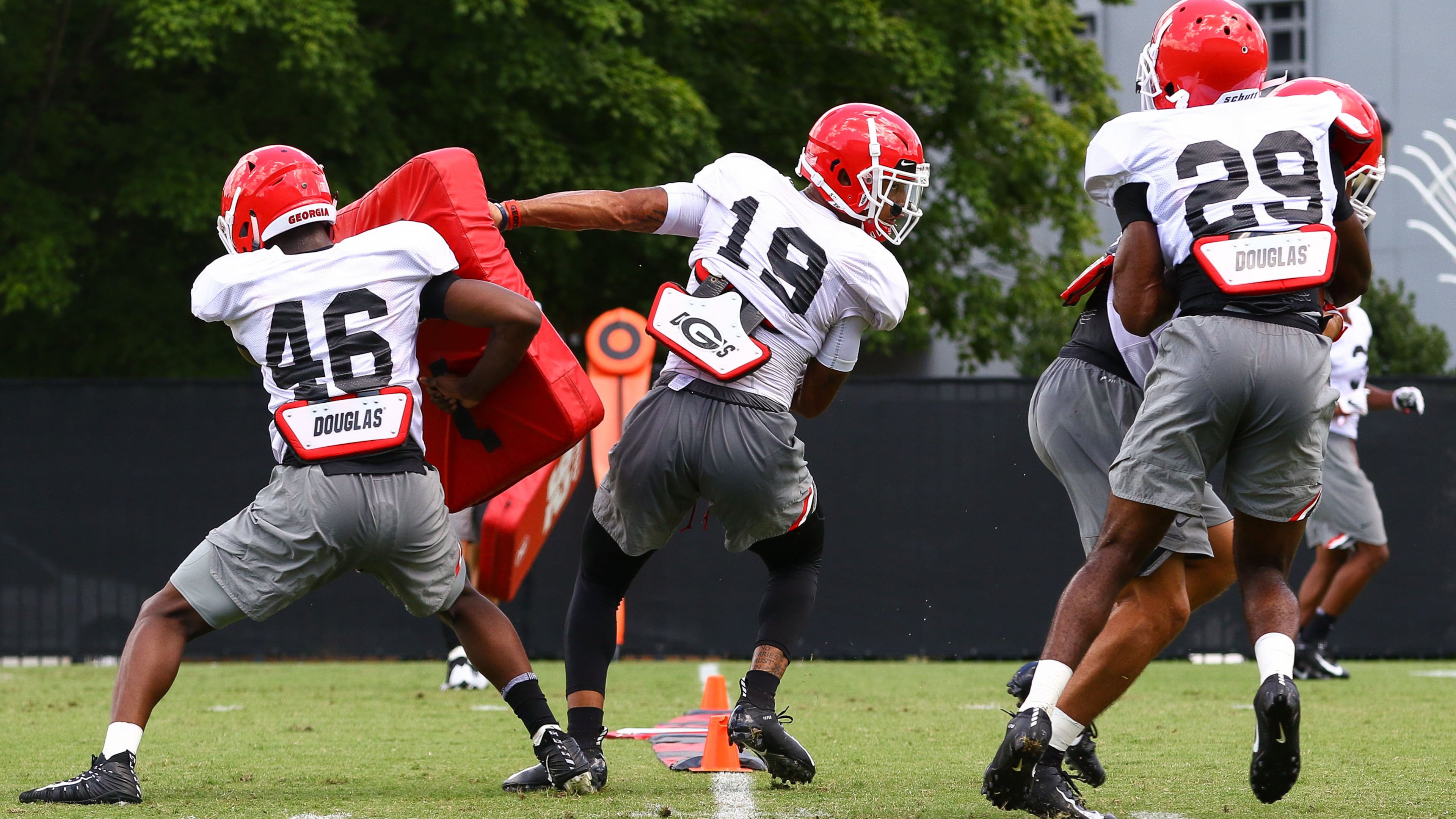 Georgia strong safety Jarvis Wilson (19) completes a drill at practice Monday, Aug. 6, 2018, at the Woodruff Practice Fields on the Georgia campus in Athens.
