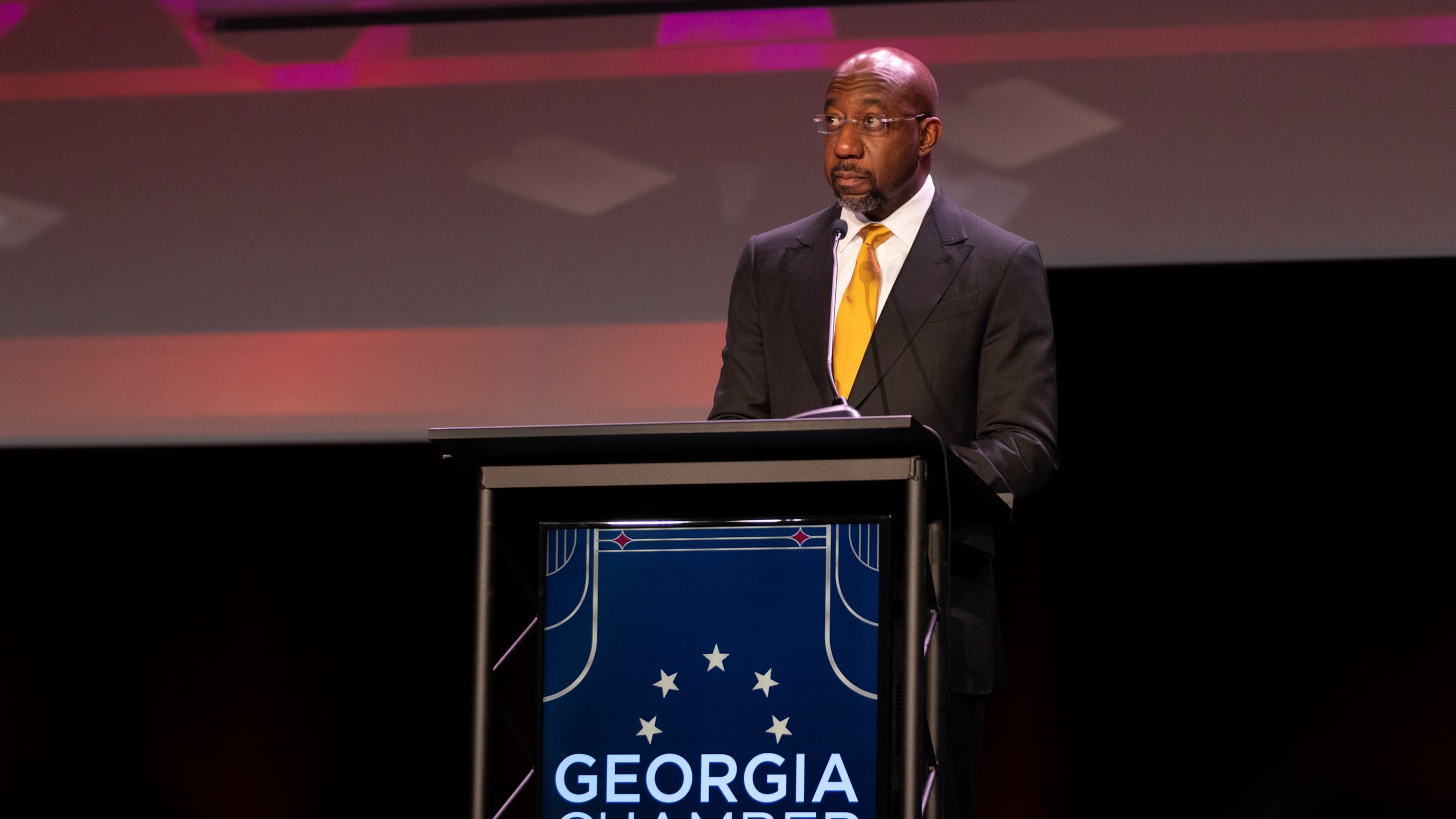 Senator Reverend Raphael Warnock (D-GA) speaks at the Georgia Chamber’s “Eggs & Issues” breakfast at the Fox Theatre in downtown Atlanta, Georgia on January 12th, 2022. (Nathan Posner for The Atlanta Journal-Constitution)