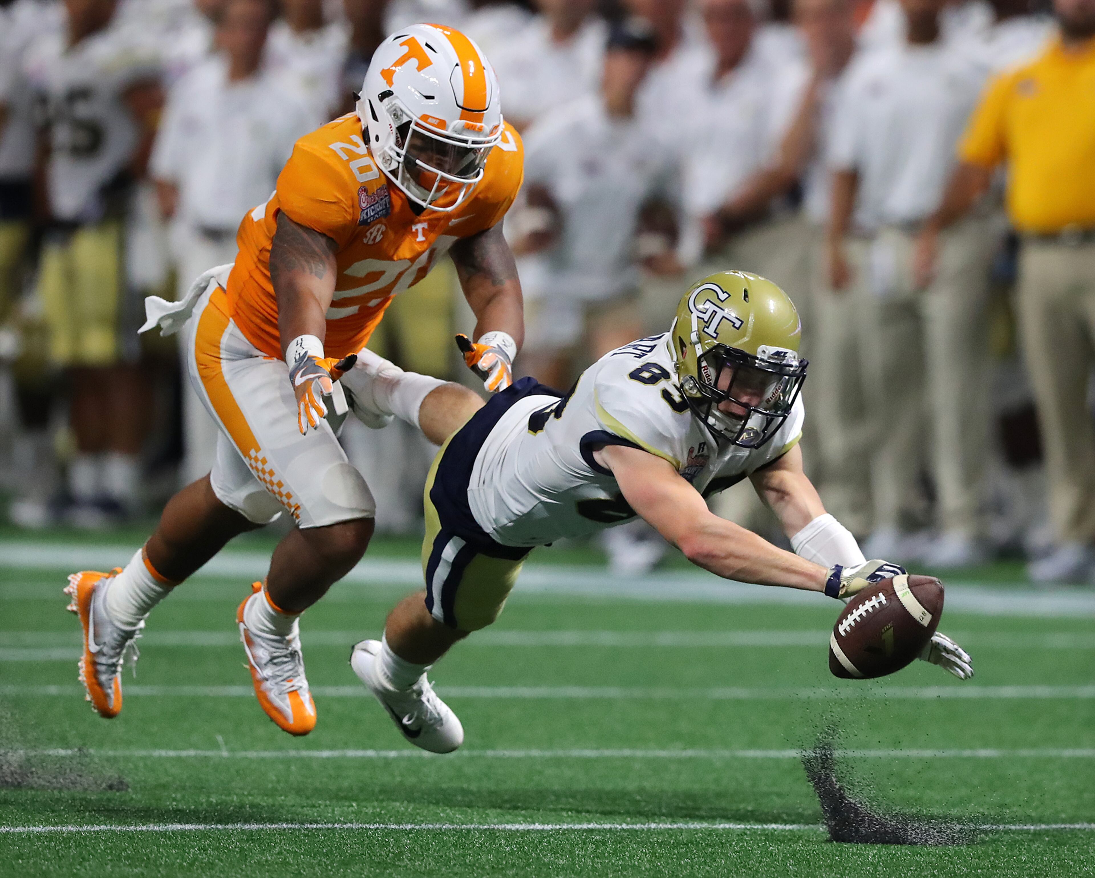 Tennessee defender Cortez McDowell breaks up a pass to Georgia Tech wide receiver Brad Steward during the second quarter in a NCAA college football game on Monday, September 4, 2017, in Atlanta. Curtis Compton/ccompton@ajc.com
