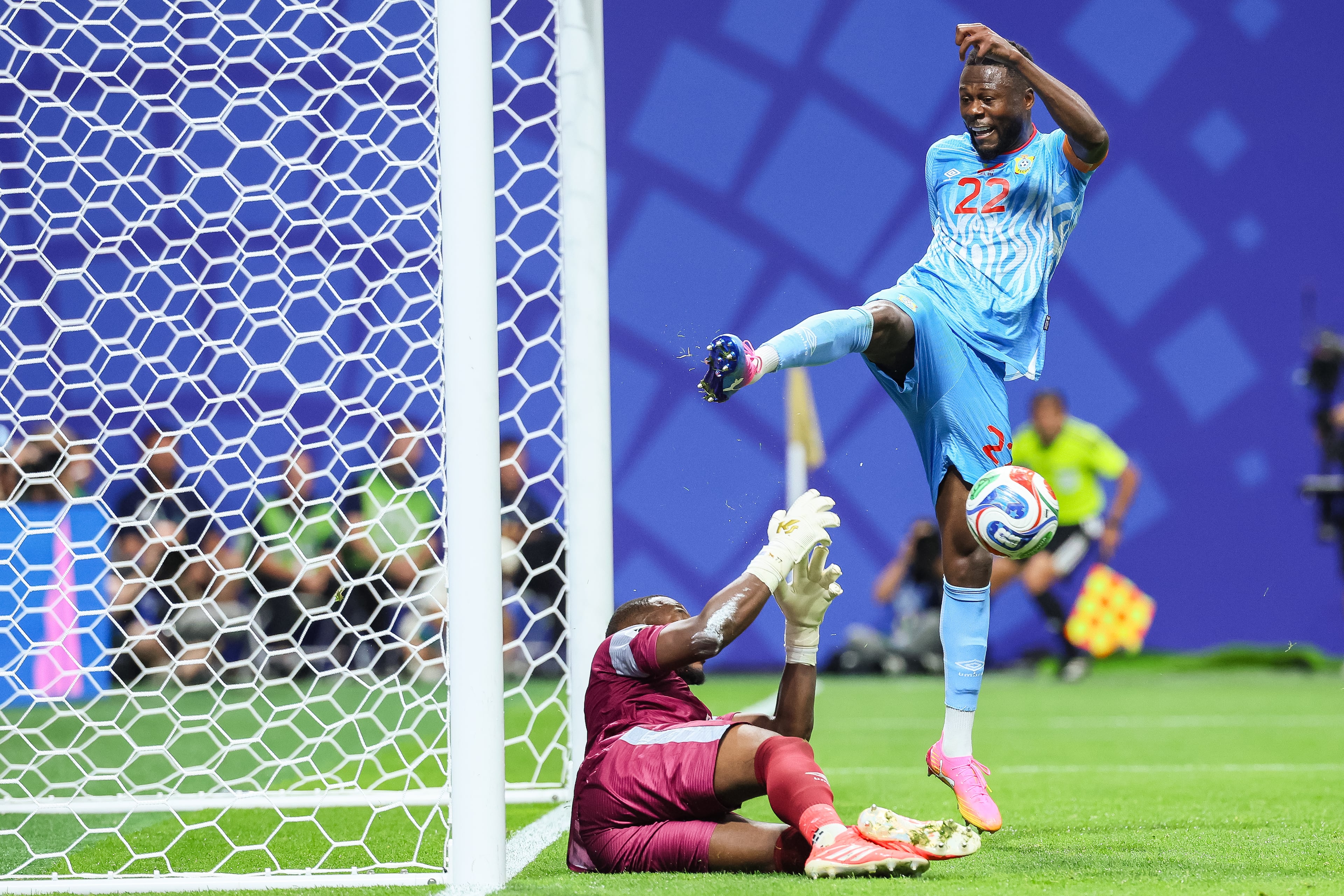 Congo goalkeeper Lionel Mpasi (left) and defender Chancel Mbemba make a save against England during the second half of a FIFA World Cup round of 32 match at Atlanta Stadium (Mercedes-Benz Stadium) on Wednesday, July 1, 2026, in Atlanta. (Jason Getz/AJC)