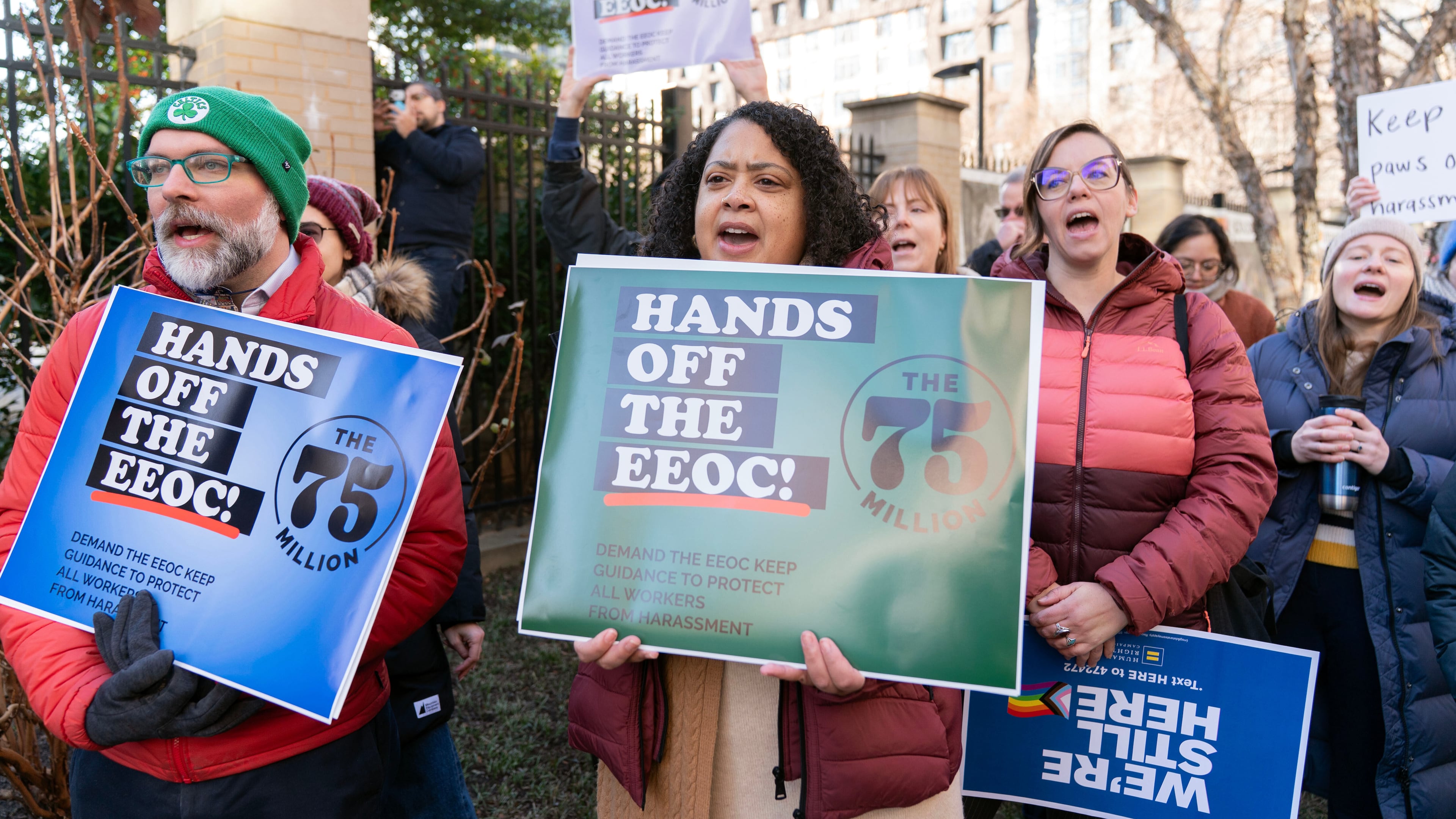Members of the 75 Million coalition rally outside of the Equal Employment Opportunity Commission (EEOC) agency's headquarters Thursday, Jan. 22, 2026, in Washington, opposing the Equal Employment Opportunity Commission's move to rescind its 2024 Enforcement Guidance on Harassment in the Workplace. (AP Photo/Jose Luis Magana)