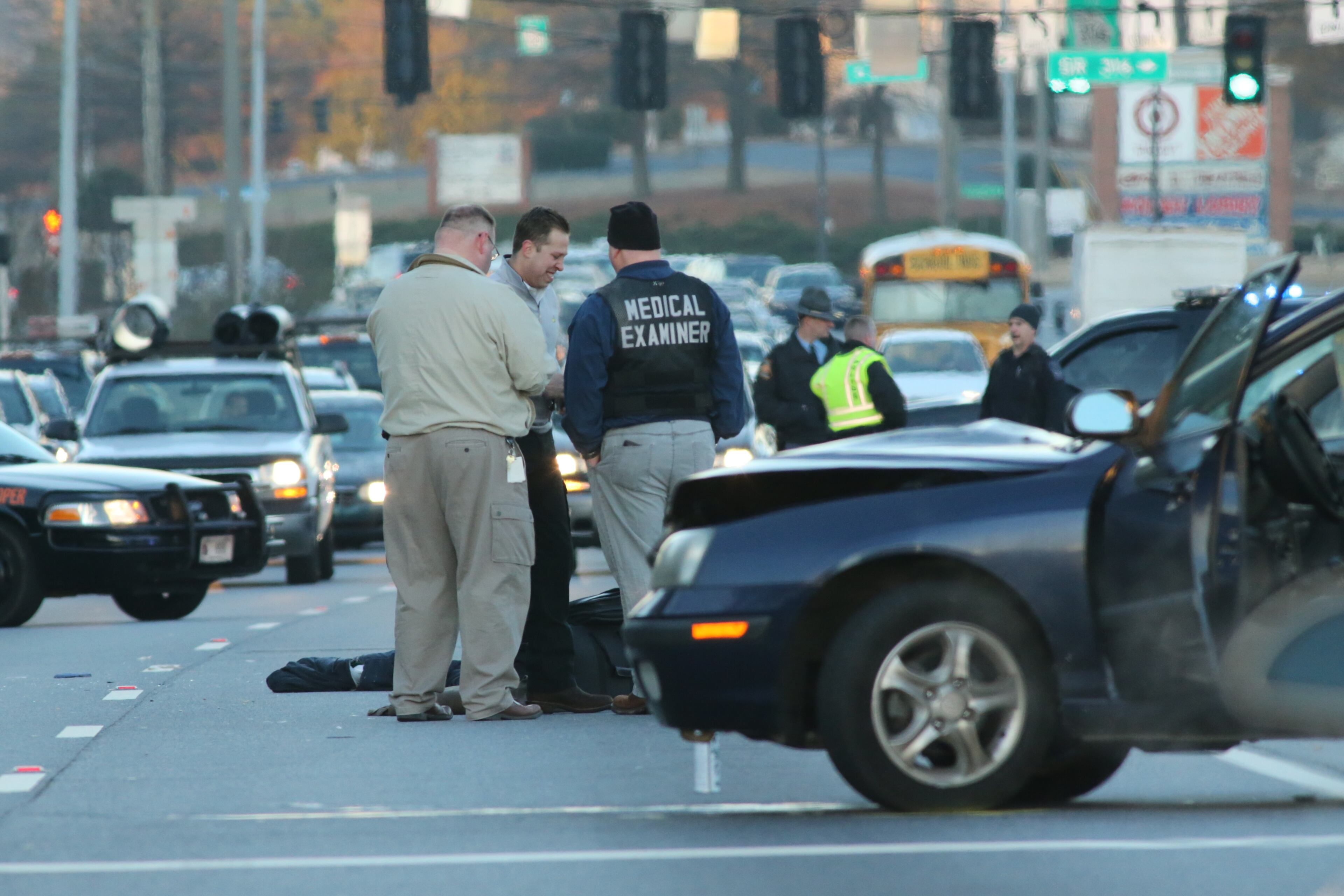 Lawrenceville police were investigating a pedestrian fatality early Thursday in front of Gwinnett Medical Center. The person was struck by a car and killed before 6 a.m. at the intersection of Duluth Highway and Medical Center Boulevard. On the ground is investigators' equipment.