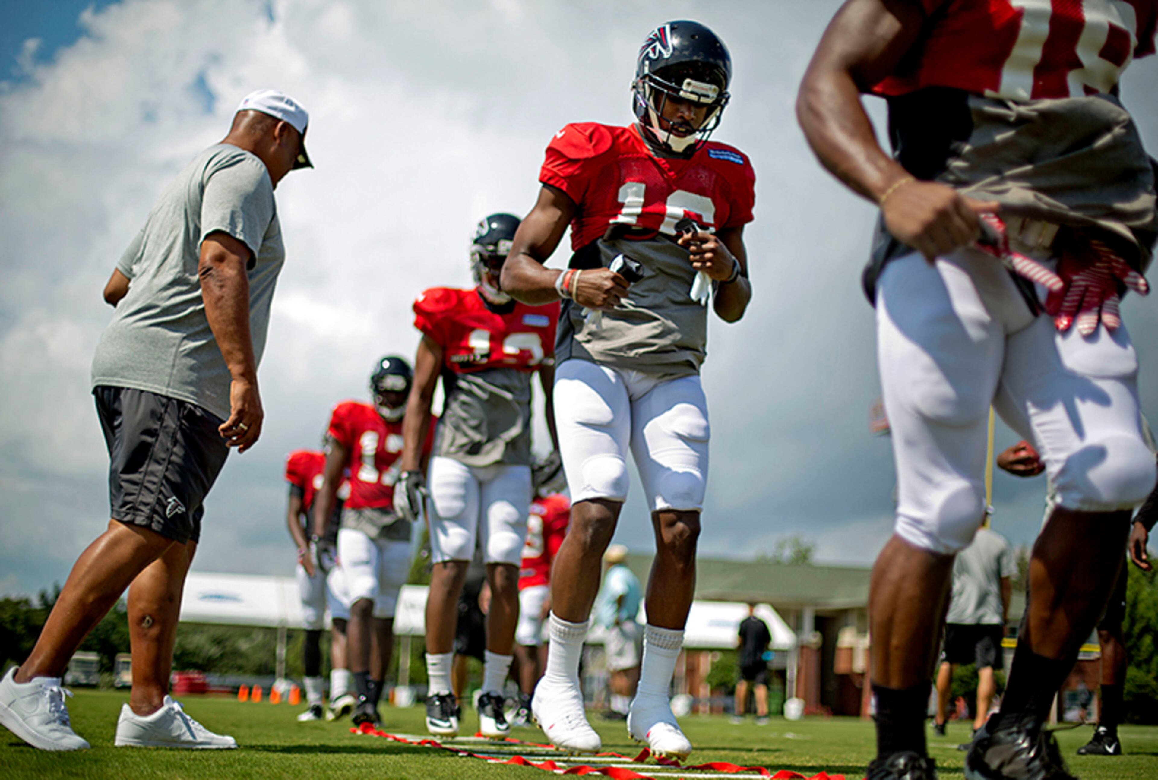 Marcus Jackson (16), who has played two seasons of Arena Football, has the potential to add to the Falcons' depth at wide receiver.