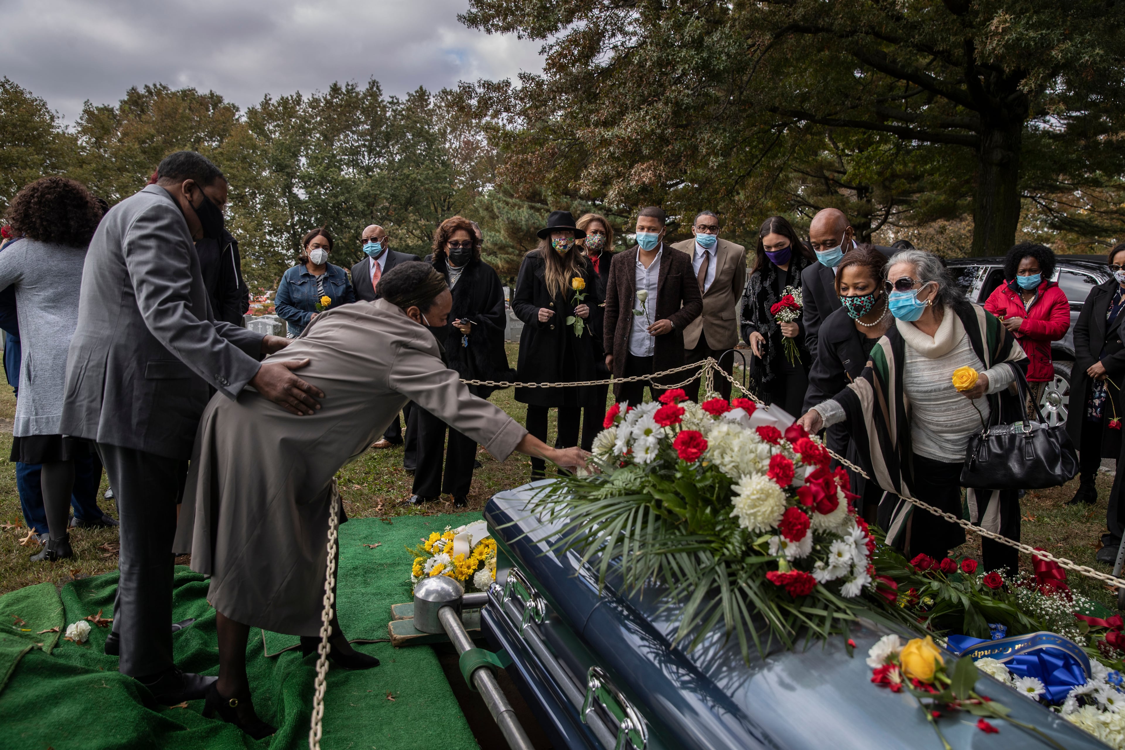 Family and friends attend a funeral service for Al Howard, who once helped save the life of Martin Luther King Jr. as a young NYPD officer, at Greenwood Cemetery in Brooklyn. Howard, who later owned the popular Showman’s Jazz Club in Harlem, died at age 93 of coronavirus complications.