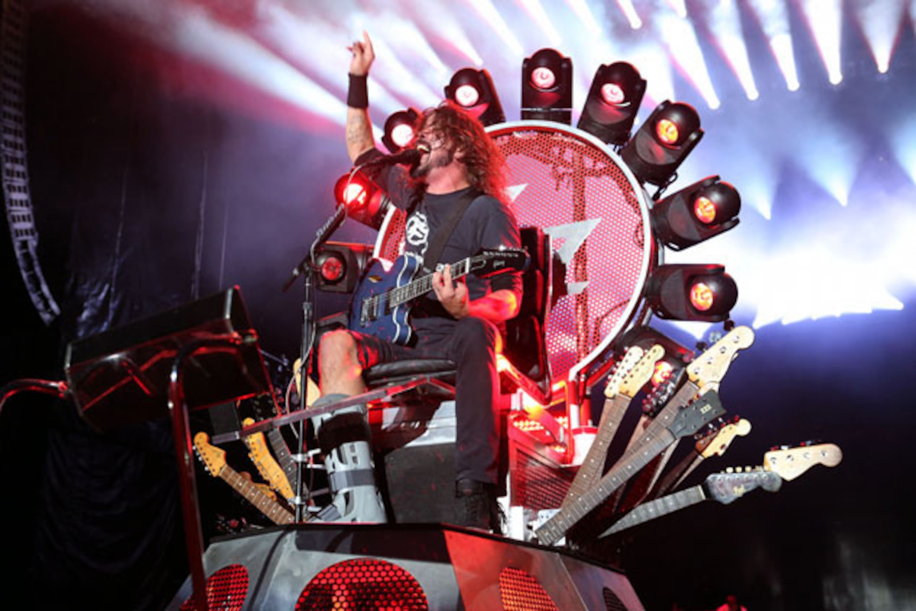 Dave Grohl and the Foo Fighters packed over 20,000 fans into sold out Centennial Olympic Park Sunday night, October 4, 2015, with Gary Clark, Jr. opening the show. The light rain couldn't dampen the energy and spirit of the huge crowd. Grohl, who broke his leg while performing in Sweden in June, rocked out in a motorized throne, which was equipped with lights and carried numerous guitars. Robb D. Cohen/ RobbsPhotos.com