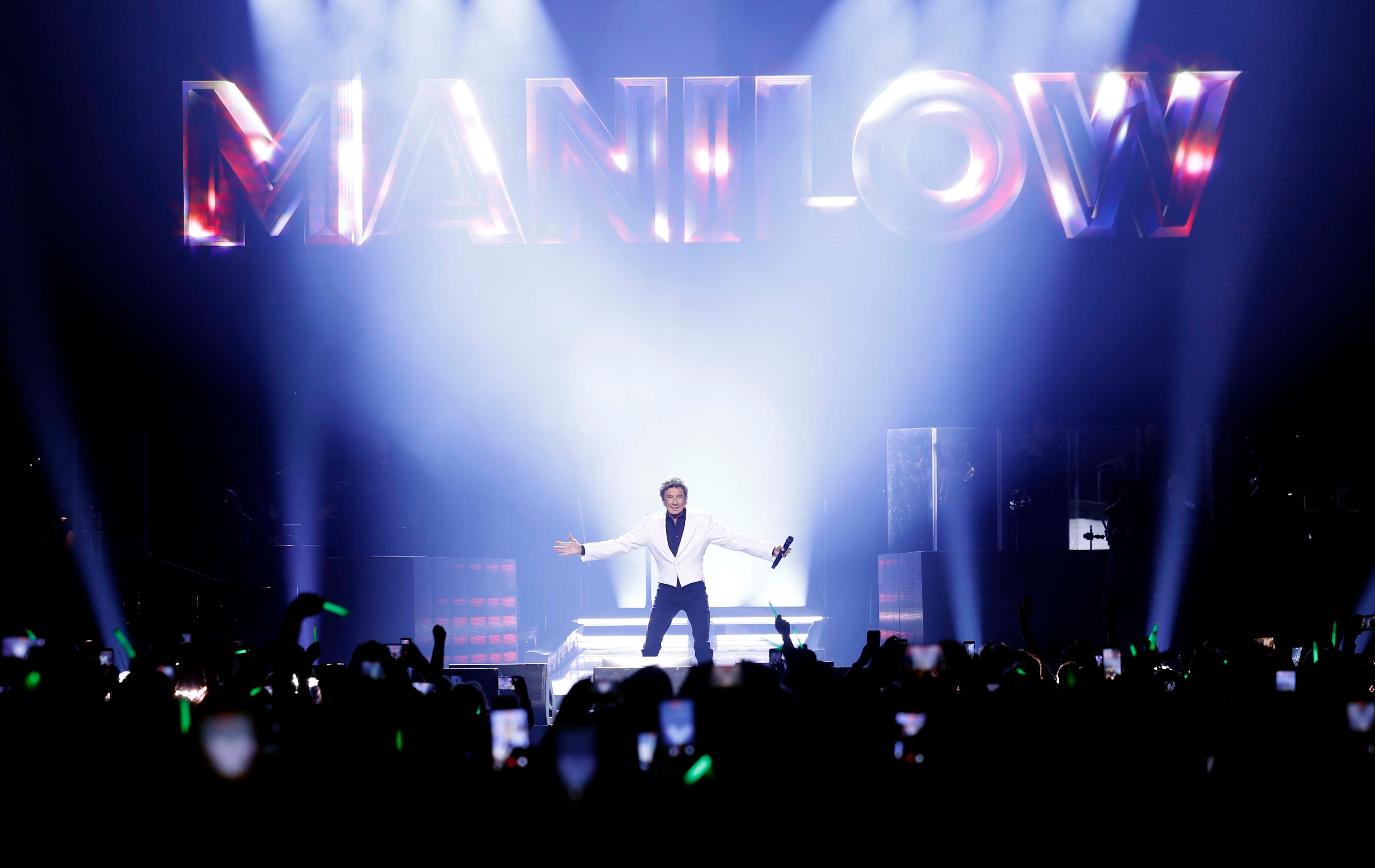 Barry Manilow takes to the stage for his concert Tuesday, Aug. 11, 2026, at Gas South Arena in Duluth. He noted his first concert in Atlanta was in 1974. (Akili-Casundria Ramsess for the AJC)