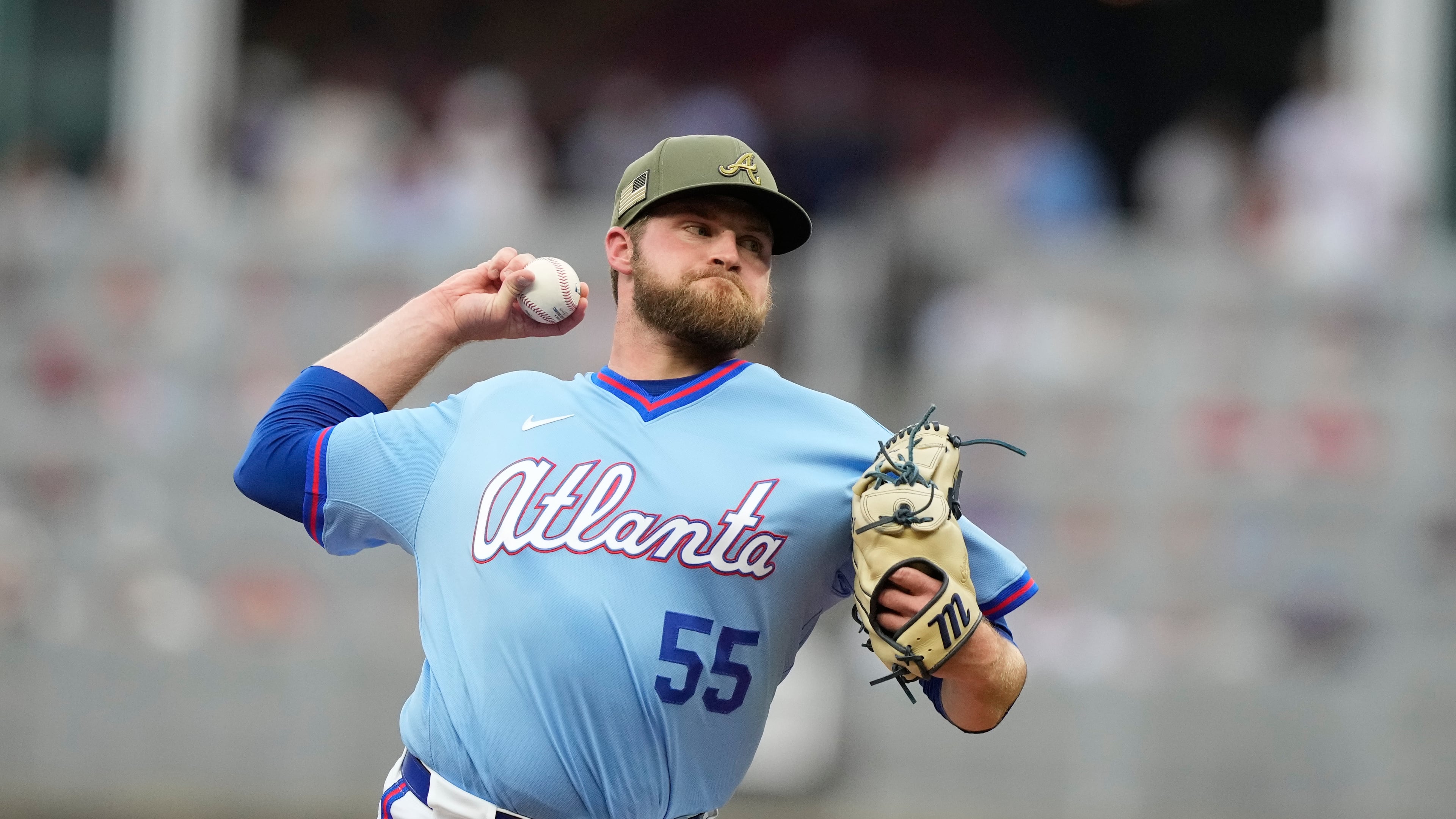 Braves pitcher Bryce Elder delivers a pitch in the first inning against the Red Sox on Saturday, May 16, 2026, in Atlanta. Elder allowed three runs and seven hits with three strikeouts and no walks in eight innings. (Brynn Anderson/AP)