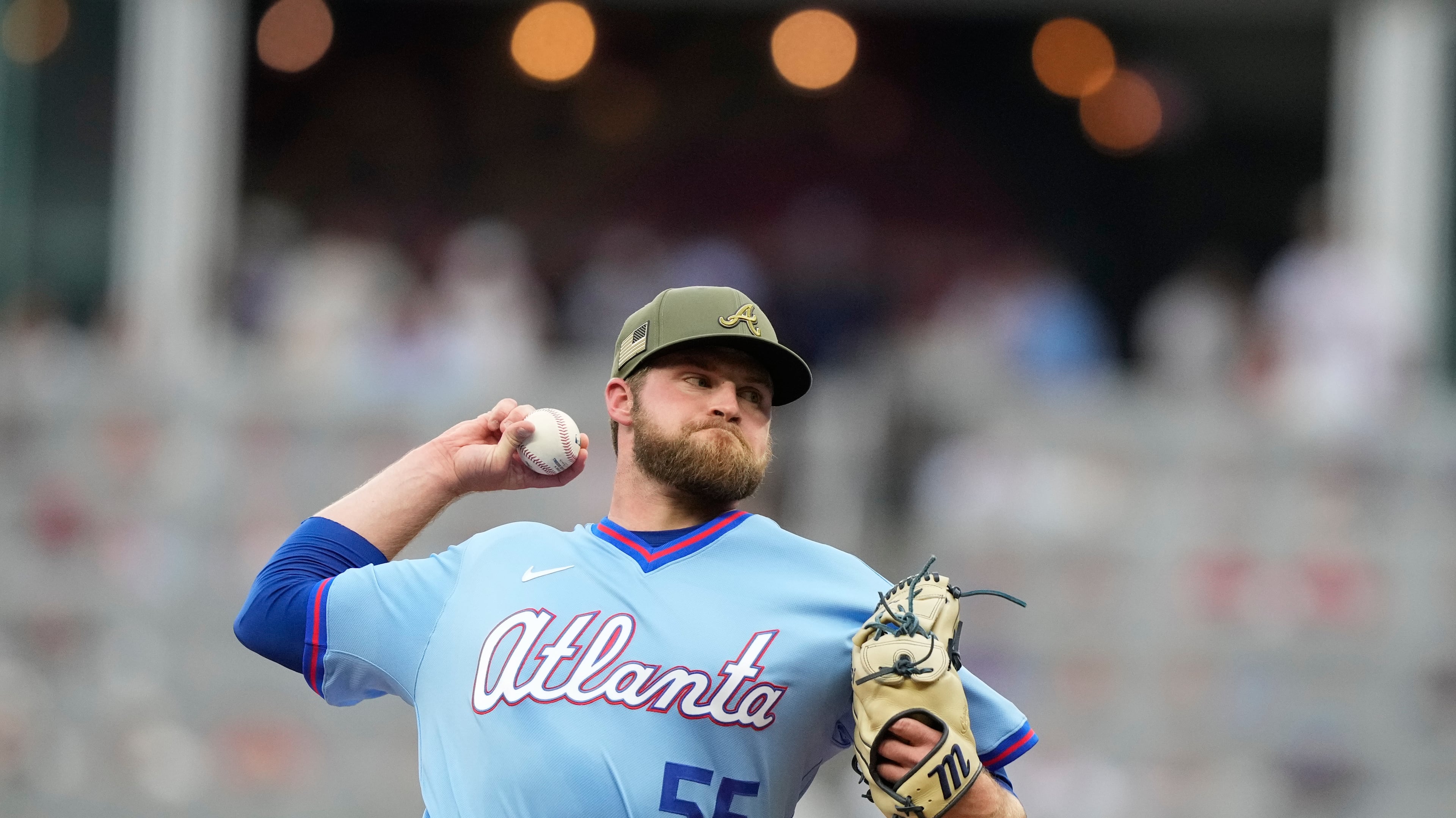 Atlanta Braves pitcher Bryce Elder (55) delivers in the first inning of a baseball game against the Boston Red Sox Saturday, May 16, 2026, in Atlanta. (AP Photo/Brynn Anderson)