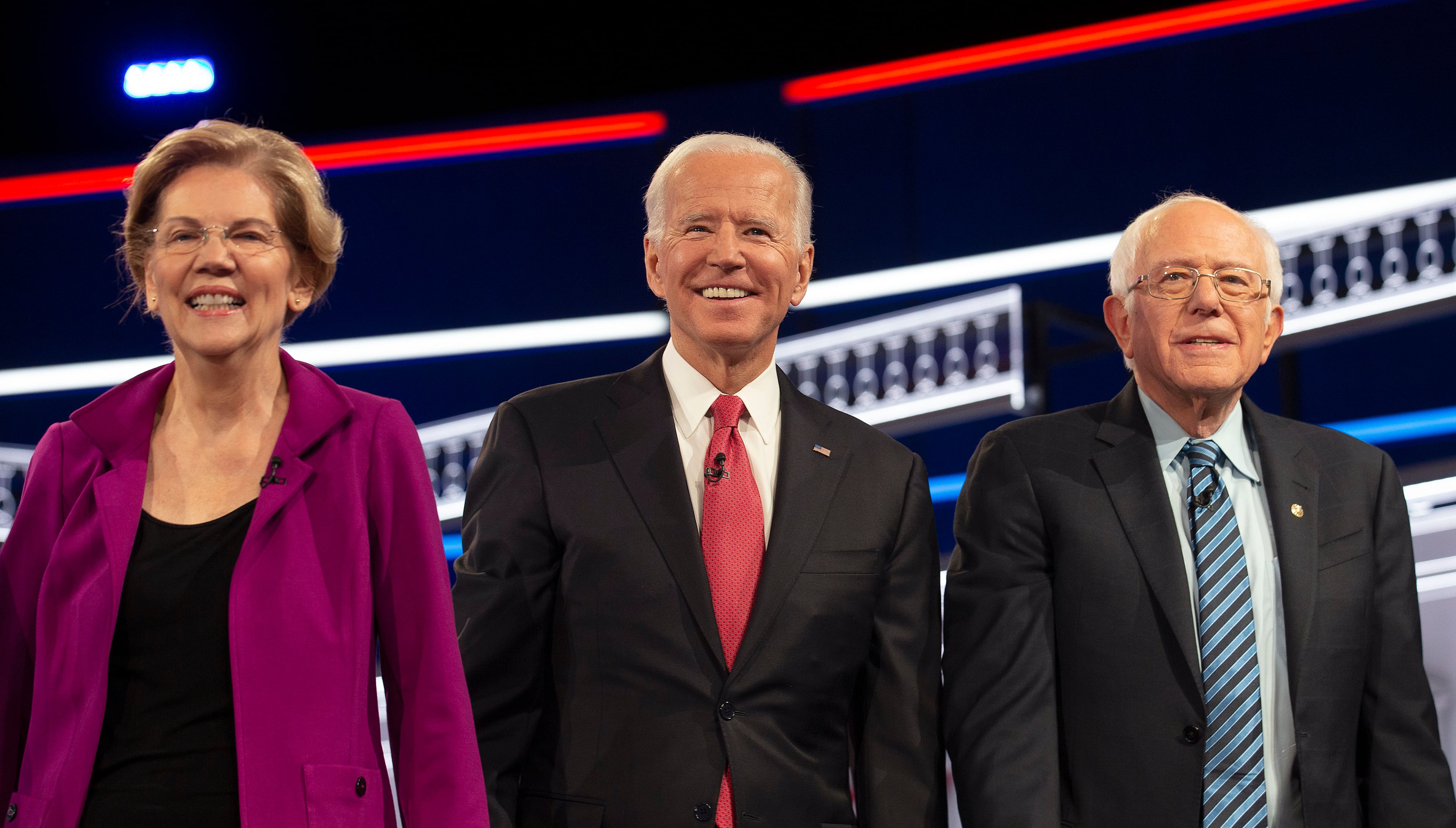 11/20/2019 -- Atlanta, Georgia -- (L to R) Senator Elizabeth Warren, former Vice President Joe Biden, and Senator Bernie Sanders are three of ten democratic candidates who are battling for the lead, during the MSNBC/The Washington Post Democratic Presidential debate inside the Oprah Winfrey Soundstage at Tyler Perry Studios, Monday, November 20, 2019. (Alyssa Pointer/Atlanta Journal Constitution)
