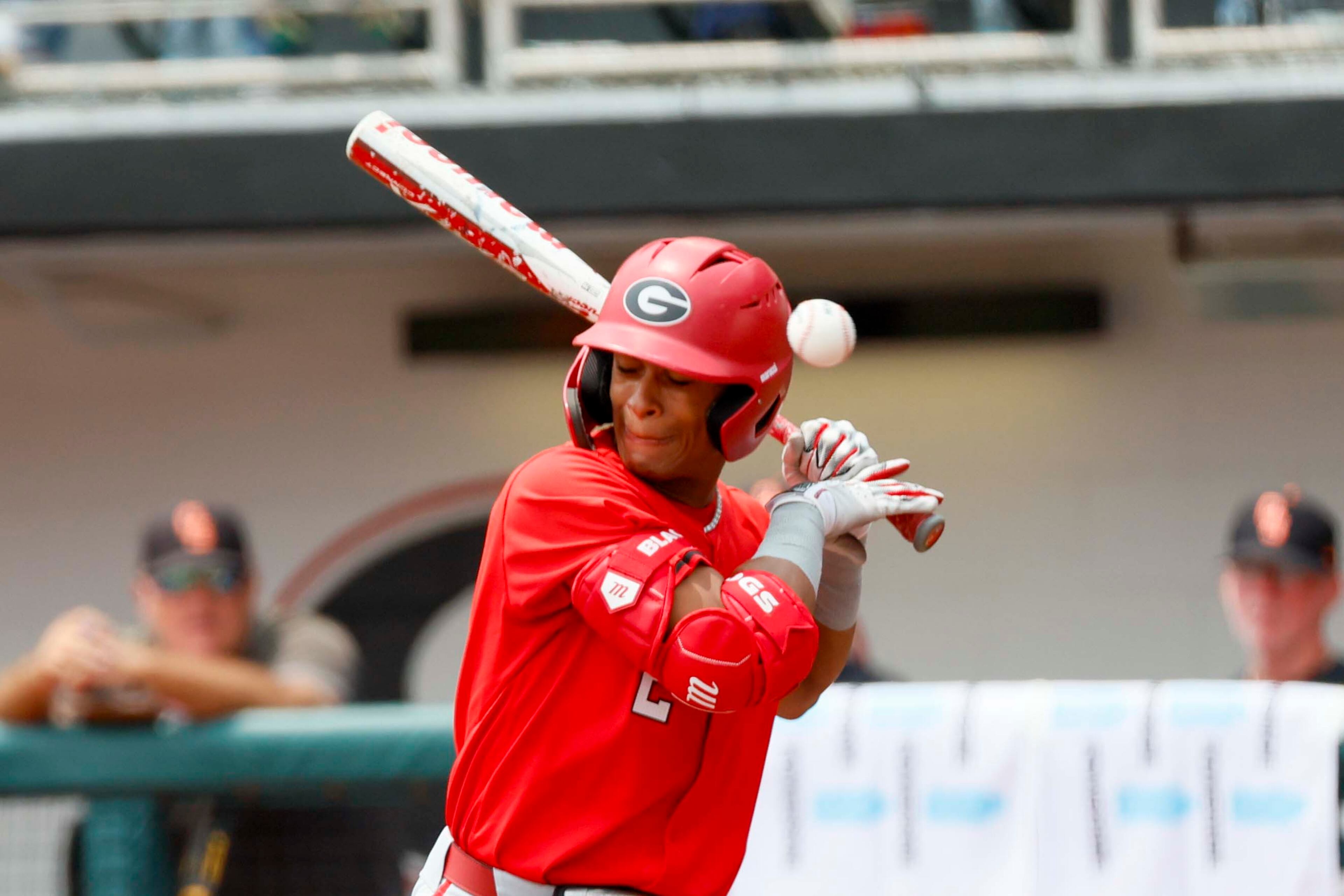 Georgia infielder Ryan Black (2) racts after being hitting by a pitch during the second inning against Oklahoma State in their NCAA Regional game at Foley Field, Sunday, June 1, 2025, in Athens, Ga.
(Miguel Martinez/ AJC)