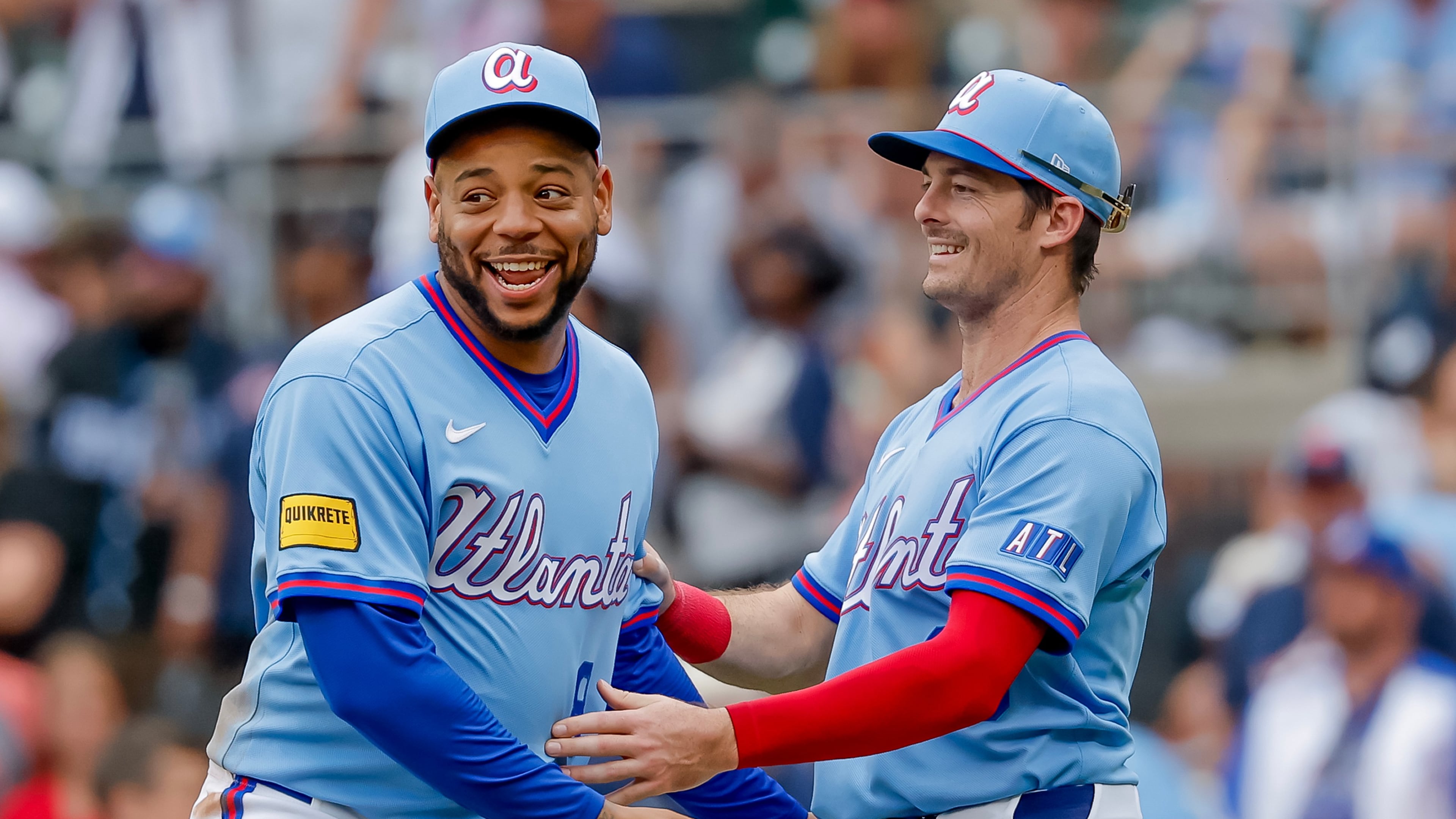 Atlanta Braves' Dominic Smith, left, reacts with teammate Mike Yastrzemski, right, after the Braves defeated the Pittsburgh Pirates in a baseball game, Saturday, June 6, 2026, in Atlanta. (AP Photo/Erik S. Lesser)