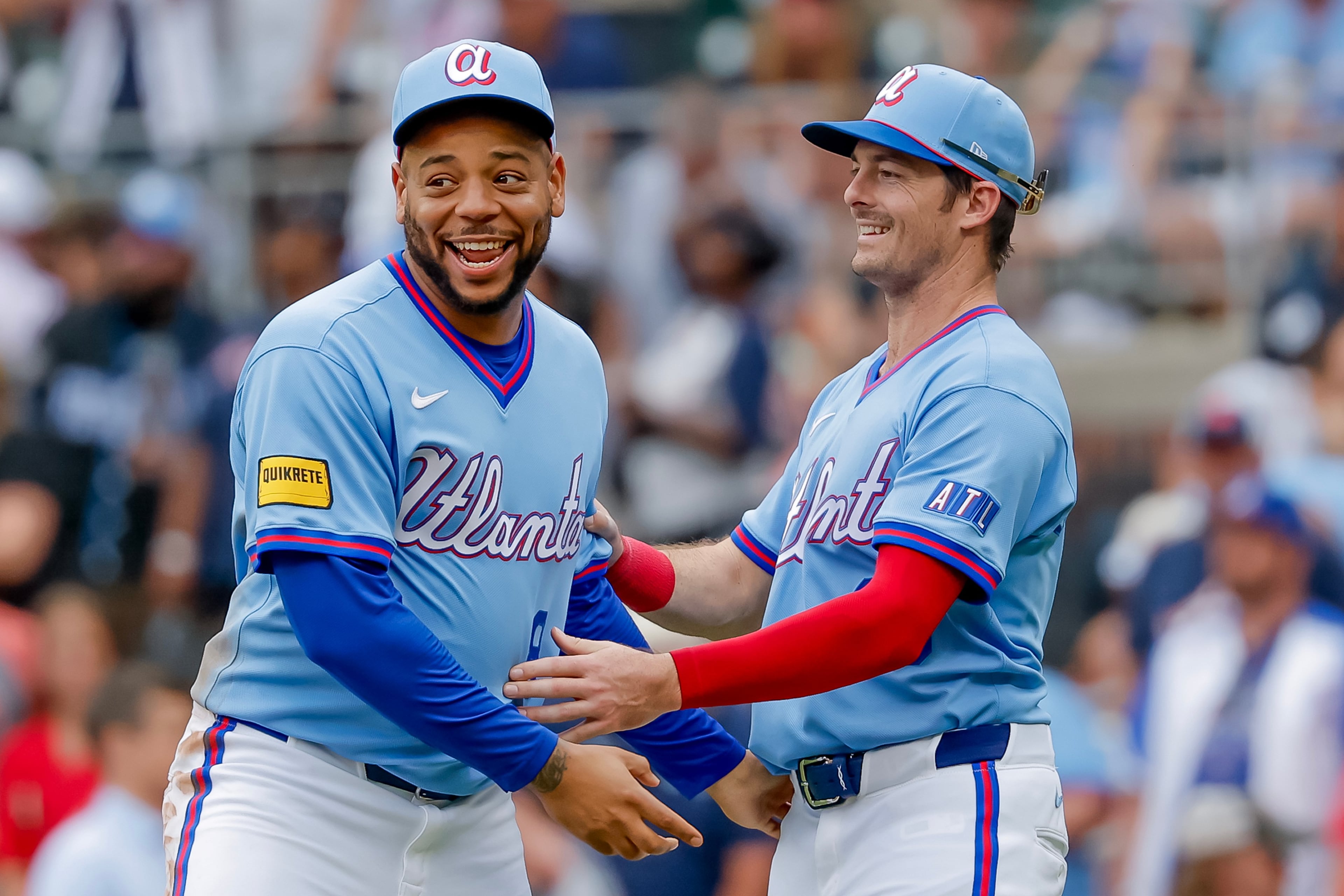 Dominic Smith (left) and Mike Yastrzemski celebrate an early June win together. (Erik S. Lesser/AP)