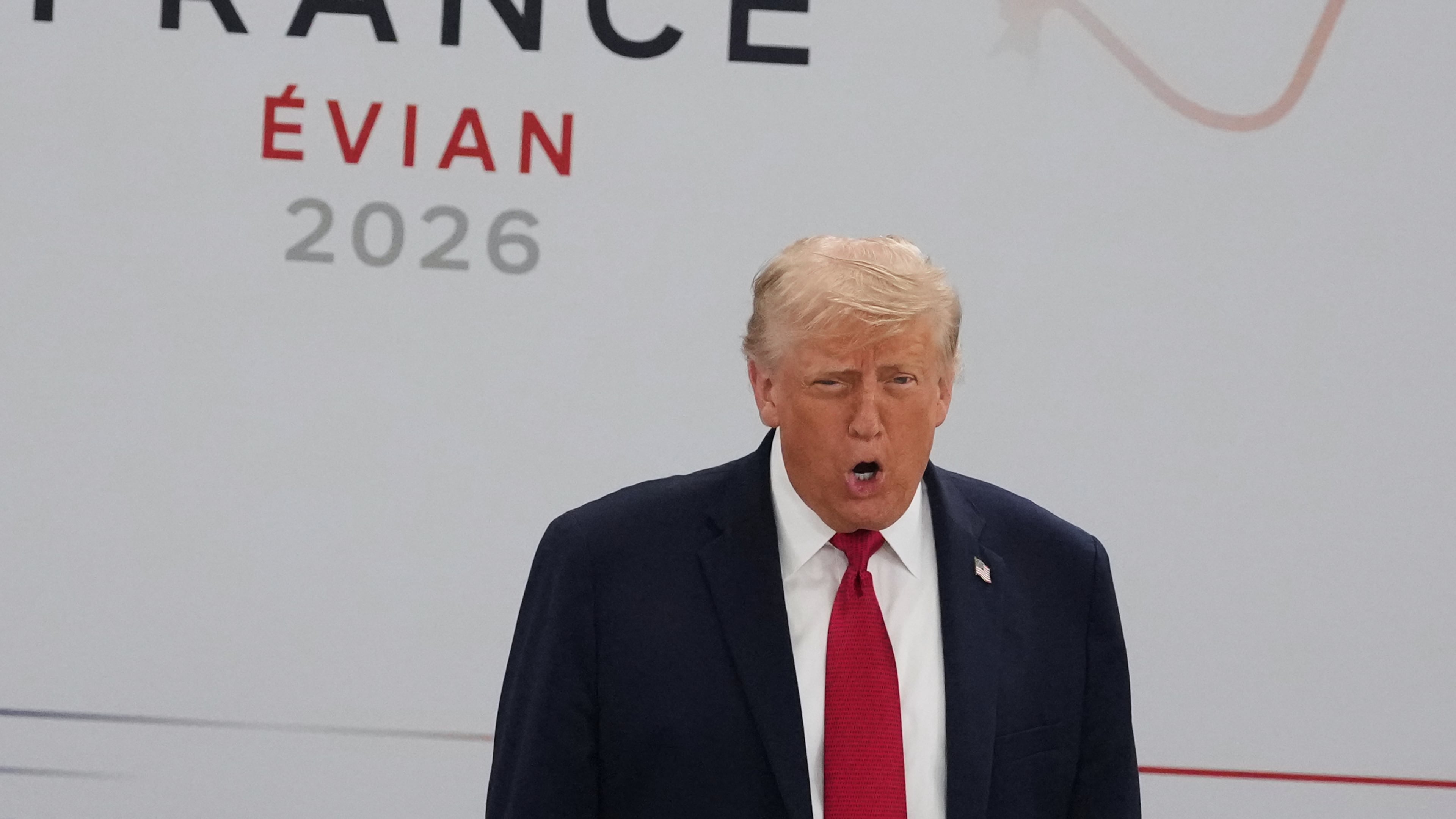 U.S. President Donald Trump arrives for a working session at the G7 summit in Evian-les-Bains, France, Wednesday, June 17, 2026. (AP Photo/Thibault Camus)