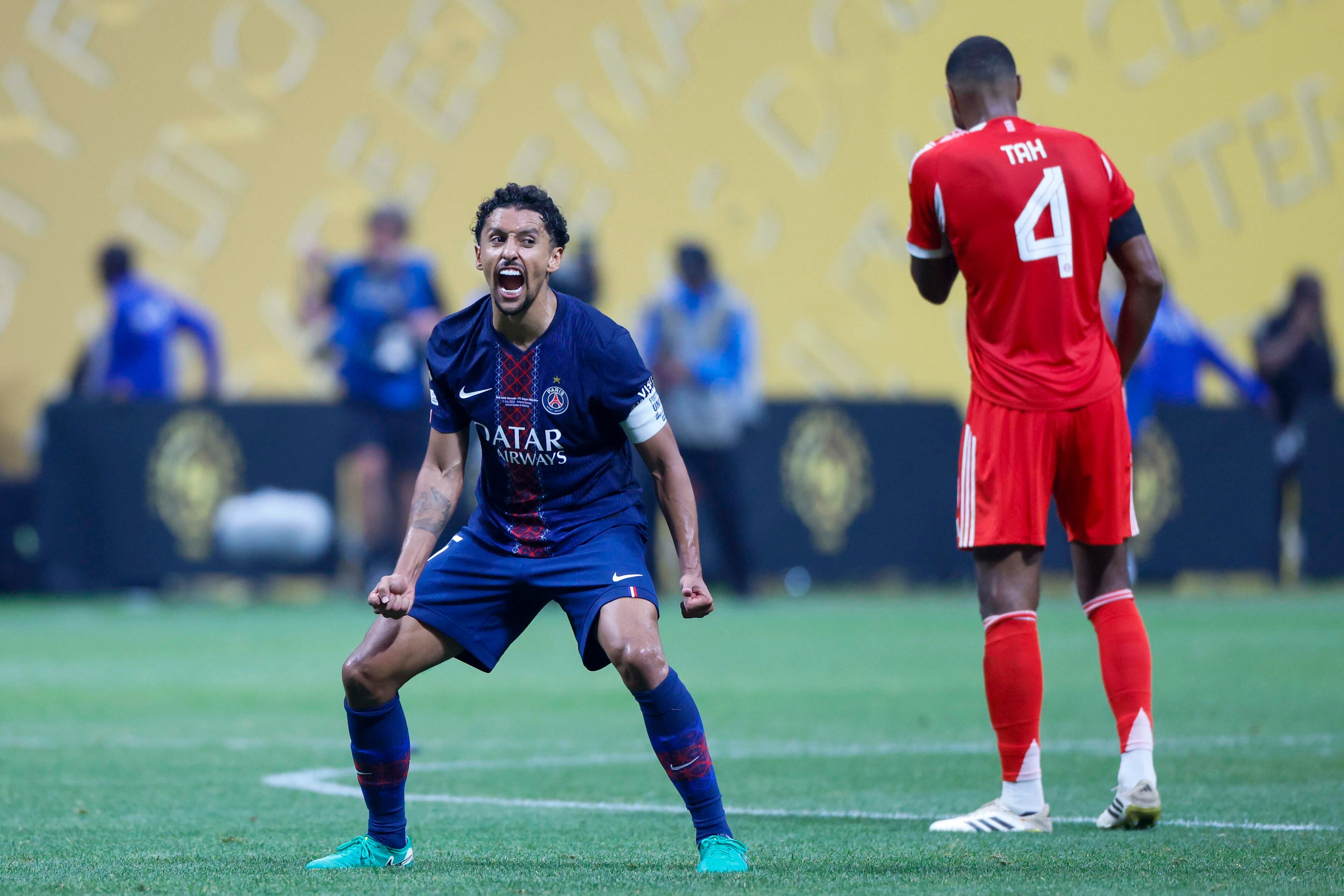 Paris Saint-Germain defender Marquinhos (5) reacts after his team advance to the semi-finals after defeating Bayern Munich 2-0 during the Club World Cup quarterfinal soccer match between Paris Saint-Germain and Bayern Munich, Saturday, July 5, 2025.
(Miguel Martinez/ AJC)