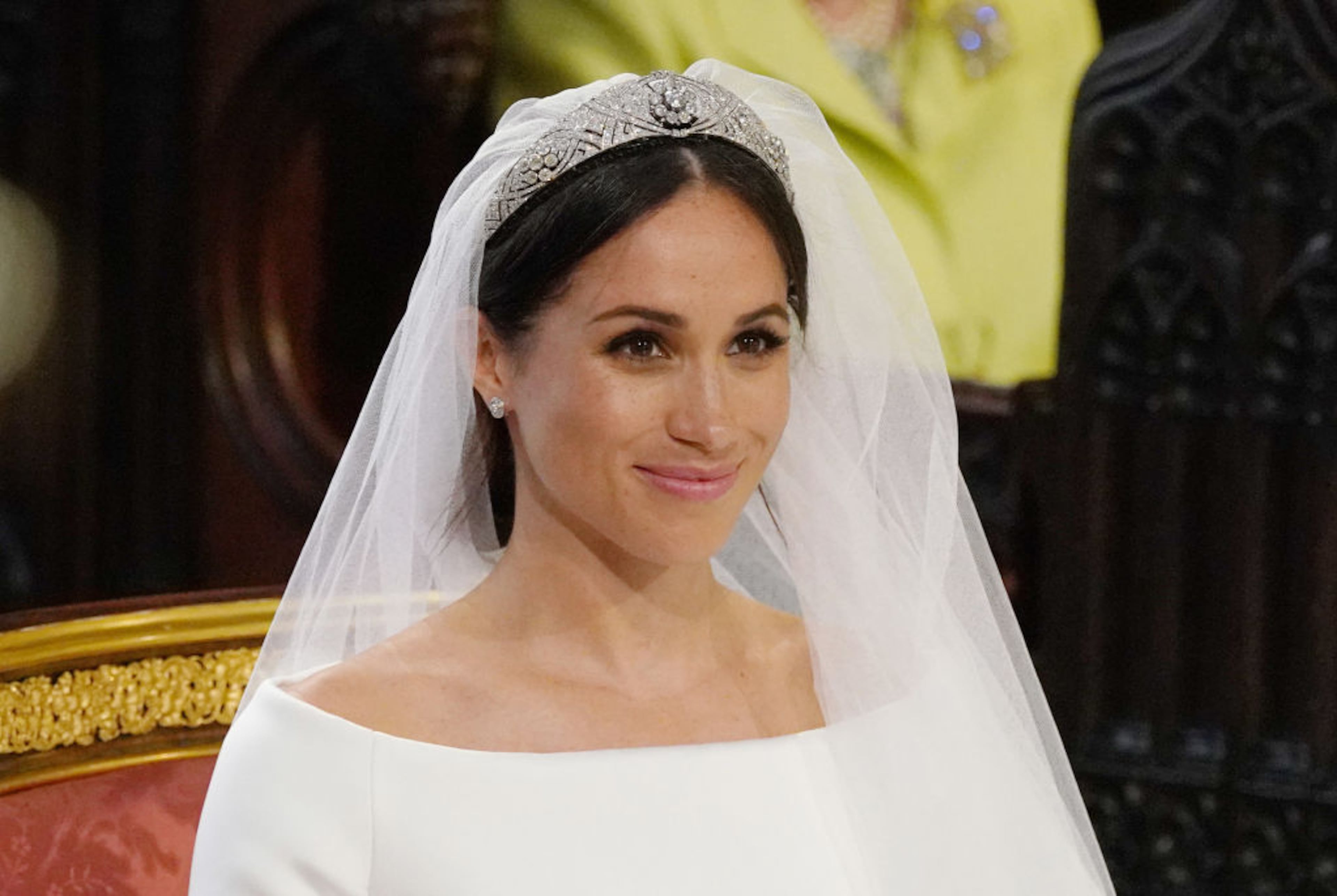 WINDSOR, UNITED KINGDOM - MAY 19: Meghan Markle stands at the altar during her wedding in St George's Chapel at Windsor Castle on May 19, 2018 in Windsor, England. (Photo by Jonathan Brady - WPA Pool/Getty Images)