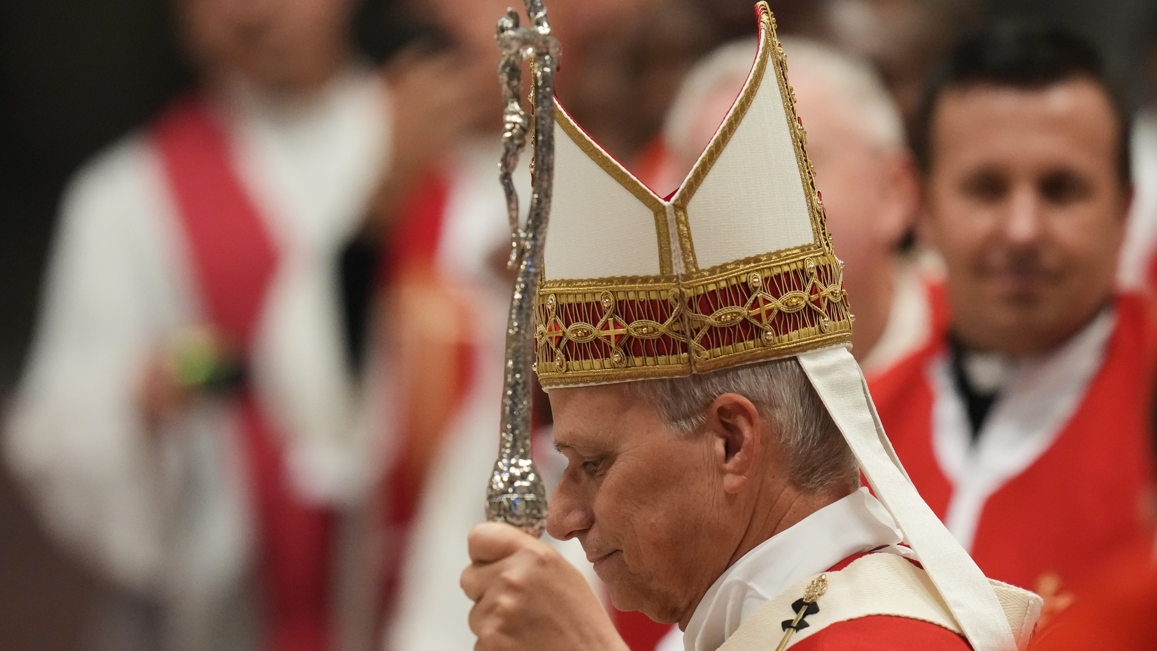 Pope Leo XIV arrives to celebrate a mass in St. Peter's Basilica at the Vatican, Thursday, Oct.8, 2026, for the annual opening of the academic year at pontifical universities, joining Rome's 22 pontifical institutions and numerous others worldwide. (AP Photo/Gregorio Borgia)
