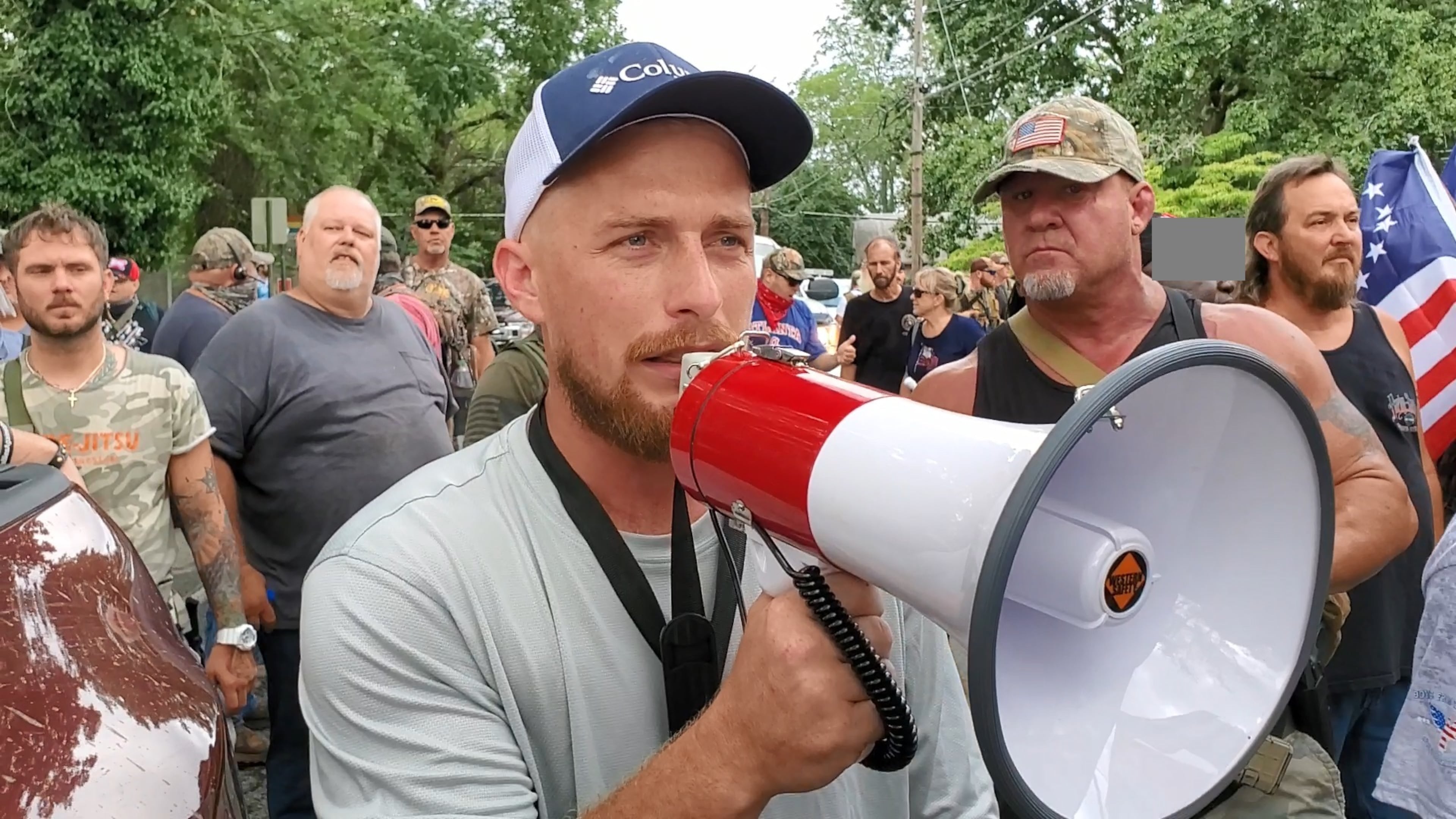 A federal judge on Aug. 12, 2022 sentenced Glen Mitchell Simon of Jackson County to eight months in federal prison for his role in the Jan. 6, 2021, U.S. Capitol riot. Simon is seen here during a chaotic day in August 2020 when far-right militia demonstrators squared off against leftist counter-demonstrators at Stone Mountain. (Source: Twitter)