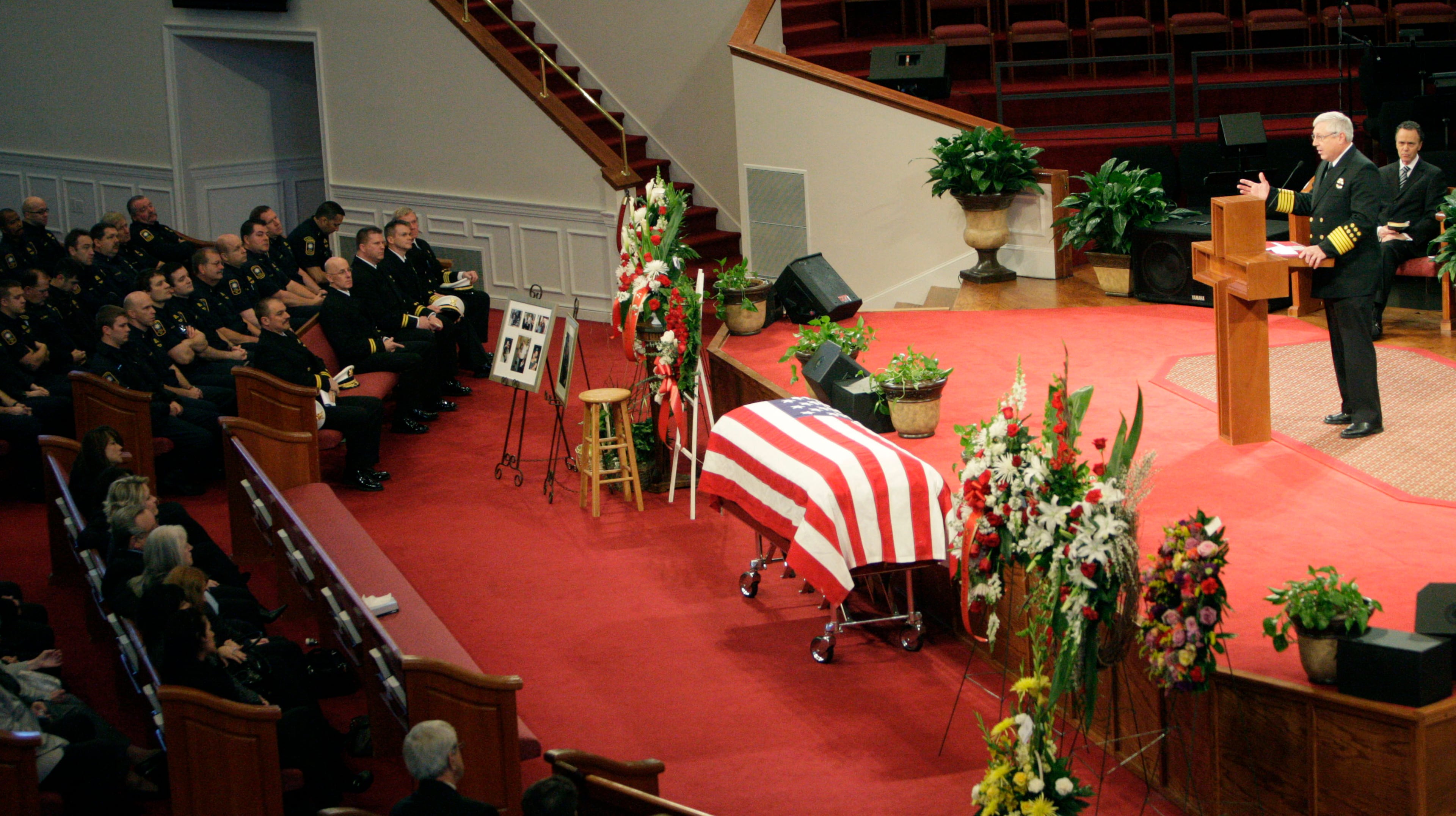 Marietta Fire Chief Jackie Gibbs eulogizes fire fighter Lonnie Nutt. The funeral for Marietta fire fighter Lonnie Lee Nutt was held today at Roswell Street Baptist Church in Marietta.