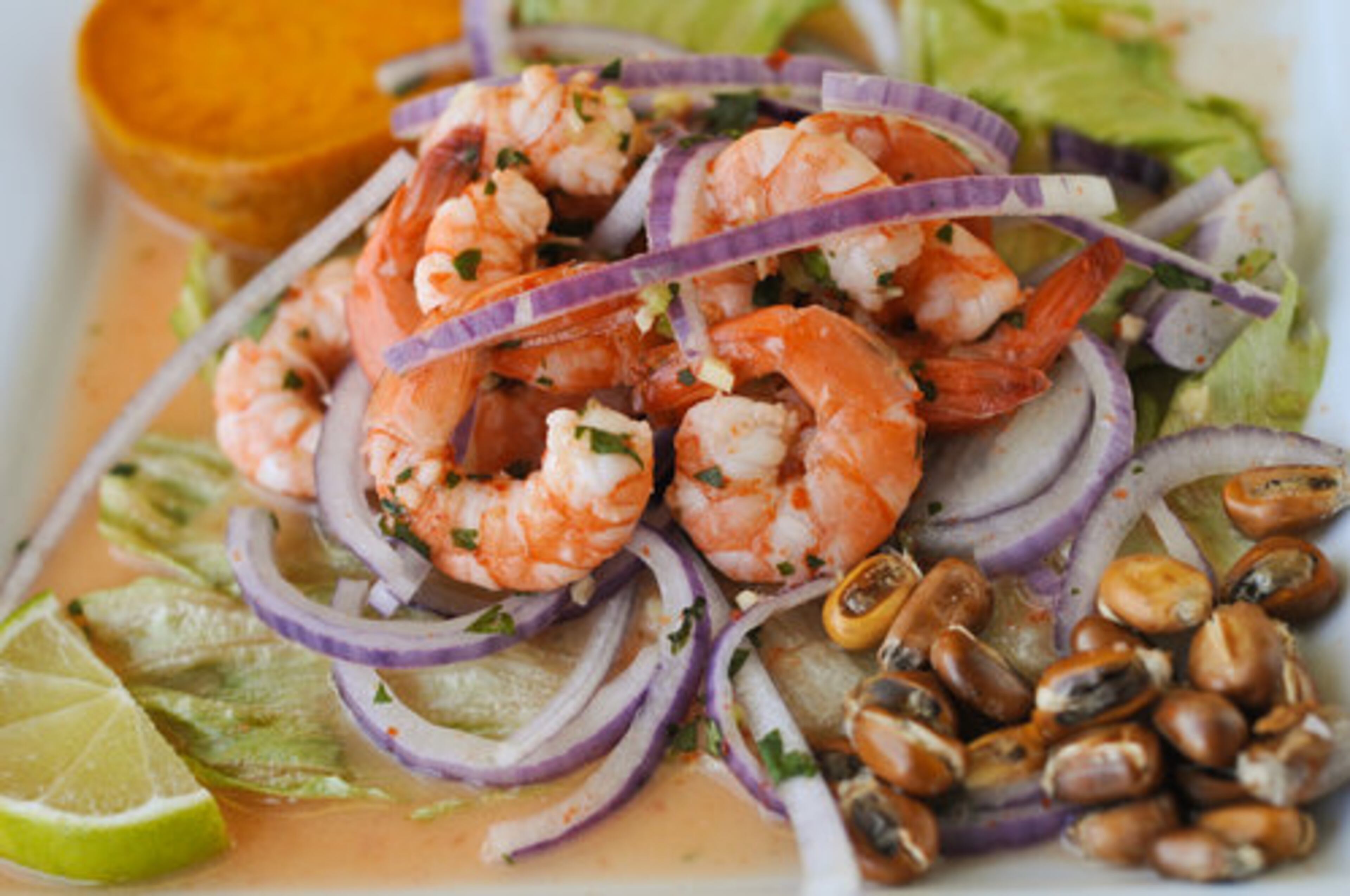 Ceviche de Camaron -- shrimp marinated in lemon juice -- from Sabor Inka in Lawrenceville. Despite minor issues, Gene Lee writes, the restaurant is "off to a good start with many diverse dishes to choose from in a warm, family-friendly environment." Two stars.