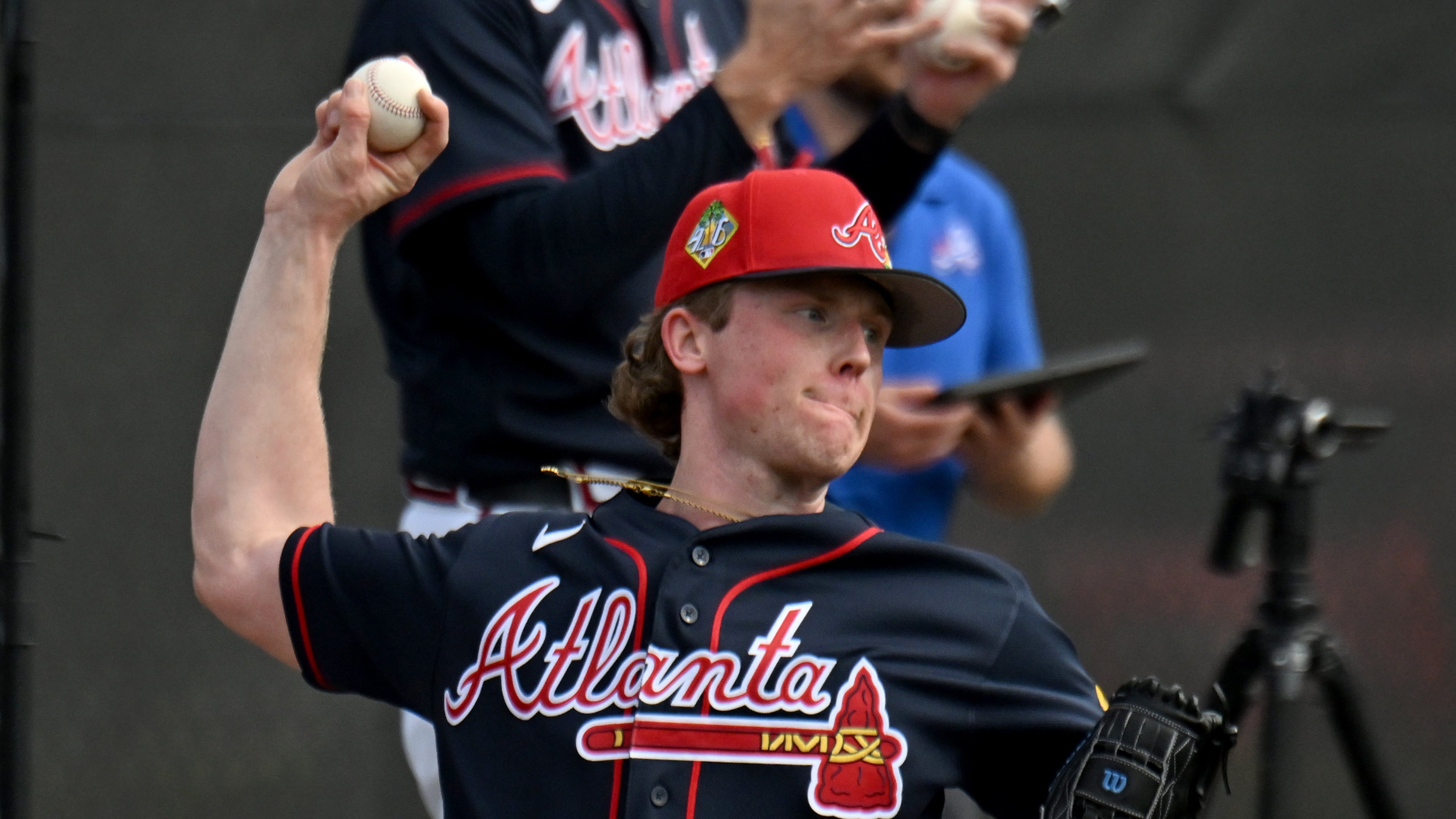 Braves pitcher Owen Murphy throws during spring training workouts at CoolToday Park on Wednesday, Feb. 11, 2026, in North Port, Florida. He could make his MLB debut this week. (Hyosub Shin/AJC)
