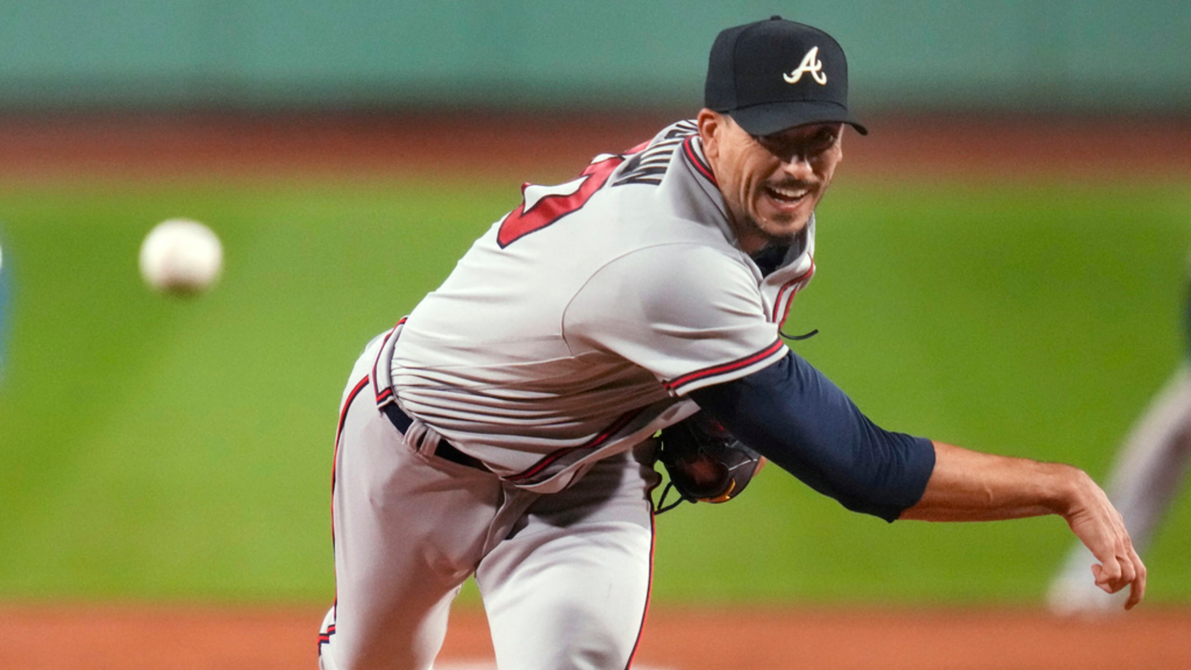Atlanta Braves starting pitcher Charlie Morton delivers during the first inning of the team's baseball game against the Boston Red Sox at Fenway Park, Tuesday, July 25, 2023, in Boston. The Braves lost 7-1. (AP Photo/Charles Krupa)