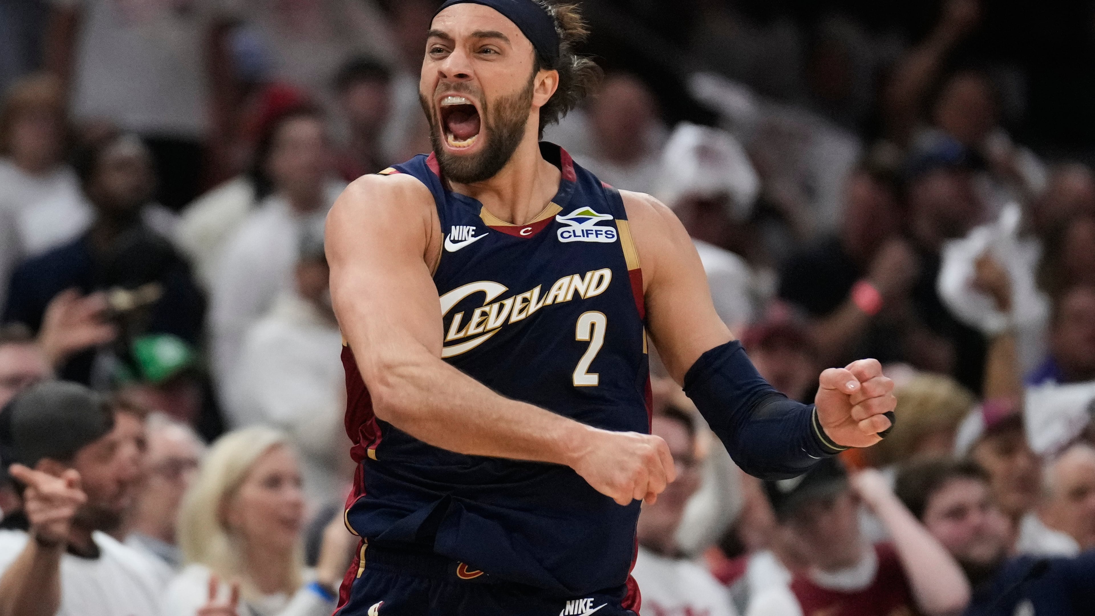 Cleveland Cavaliers guard Max Strus (2) celebrates a turnover by the Detroit Pistons in the first half of Game 3 of a second-round NBA playoffs basketball series Saturday, May 9, 2026 in Cleveland. (AP Photo/Sue Ogrocki)