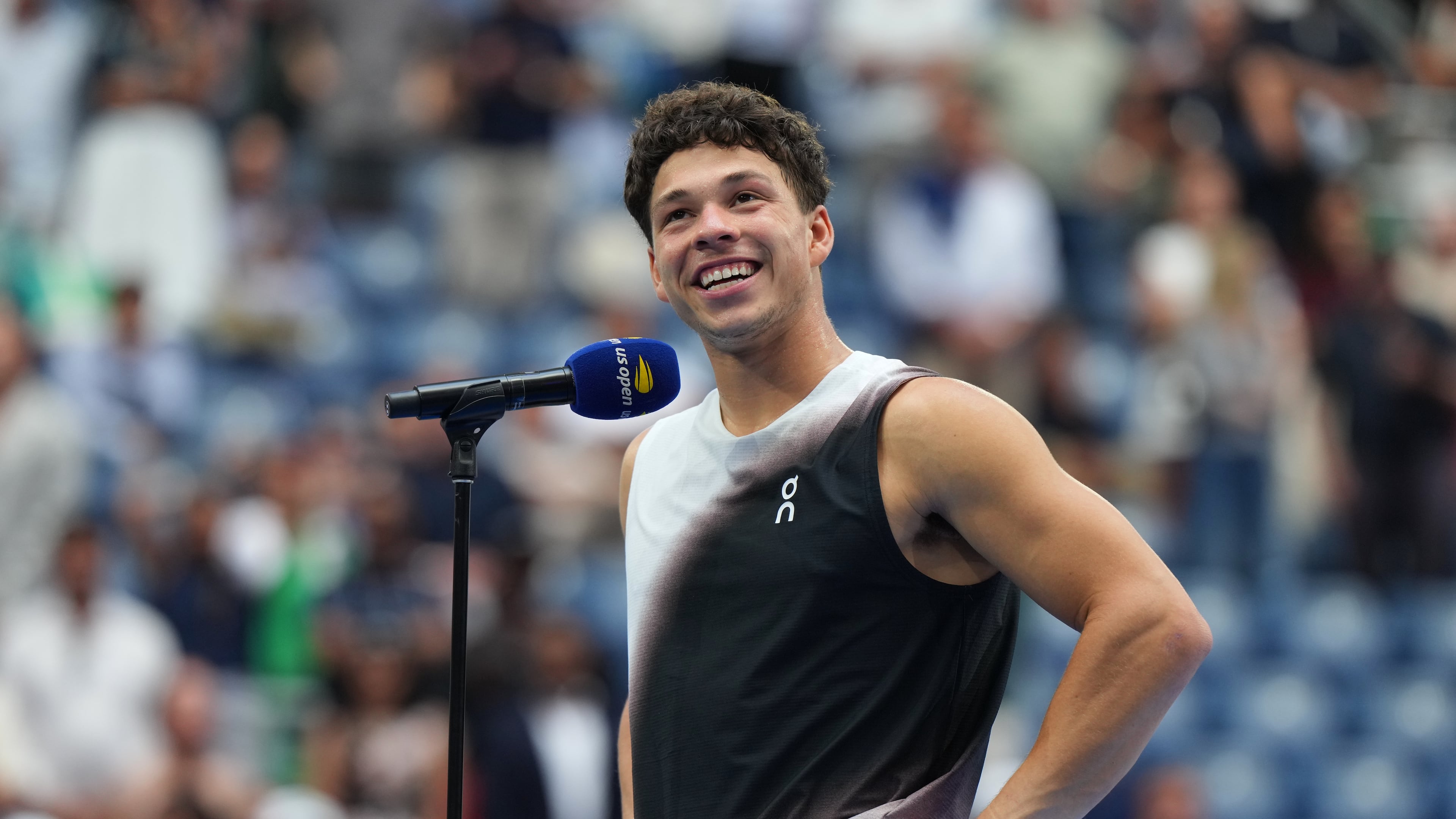 Ben Shelton, of the United States, speaks after he lost the men's singles final of the U.S. Open tennis championships against Alexander Zverev, of Germany, Sunday, Sept. 13, 2026, in New York. (AP Photo/Kirsty Wigglesworth)