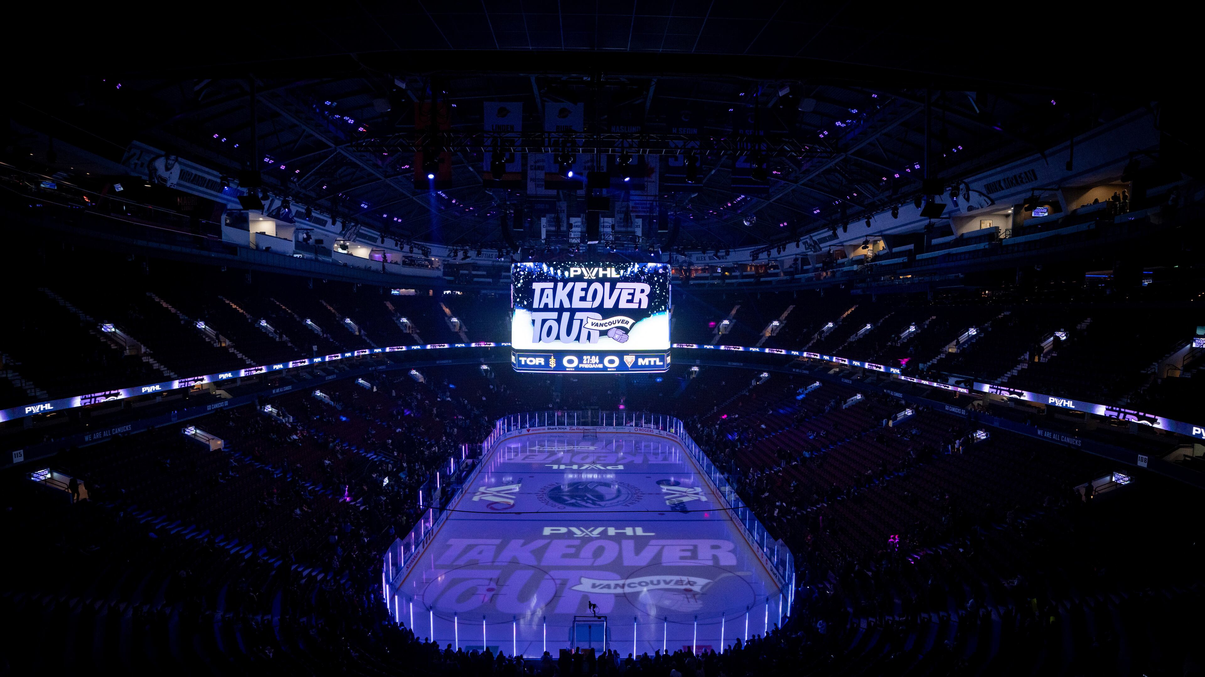 FILE - Fans gather to watch the Montreal Victoire and the Toronto Sceptres warm up before a PWHL hockey game in Vancouver, Jan. 8, 2025. (Ethan Cairns/The Canadian Press via AP, File)