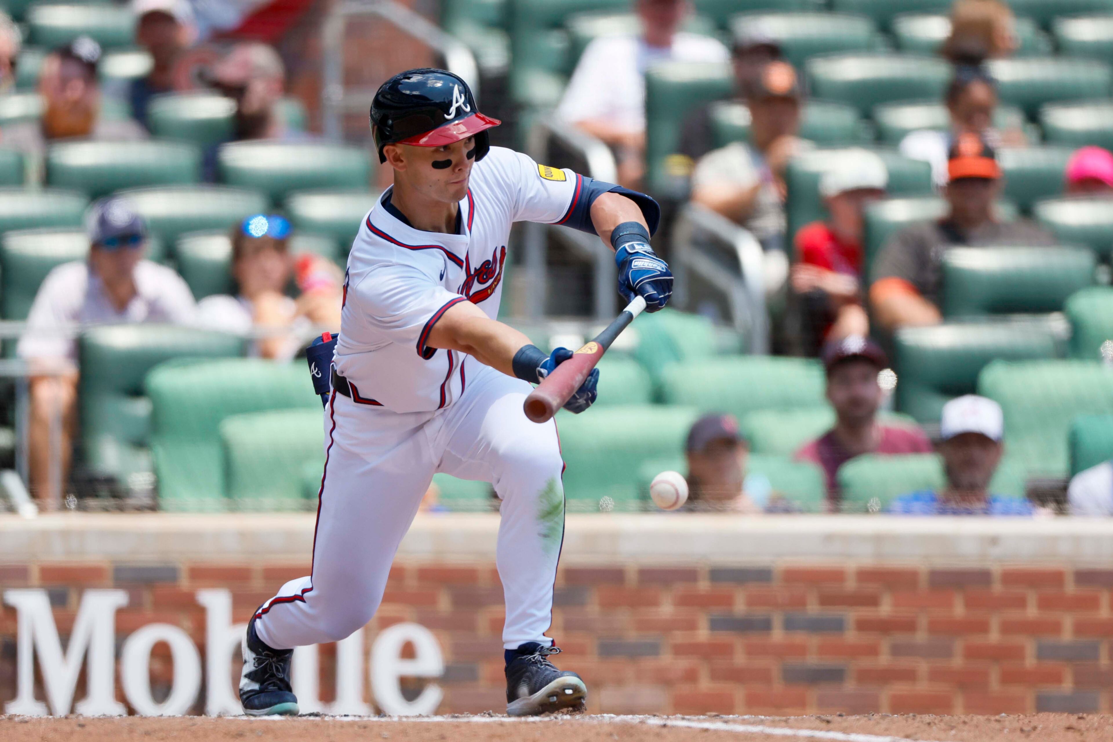 Atlanta Braves outfielder Stuart Fairchild (17) hits a bunt during the eighth inning against the Baltimore Orioles at Truist Park on Sunday, July 6, 2025, in Atlanta.
(Miguel Martinez/ AJC)