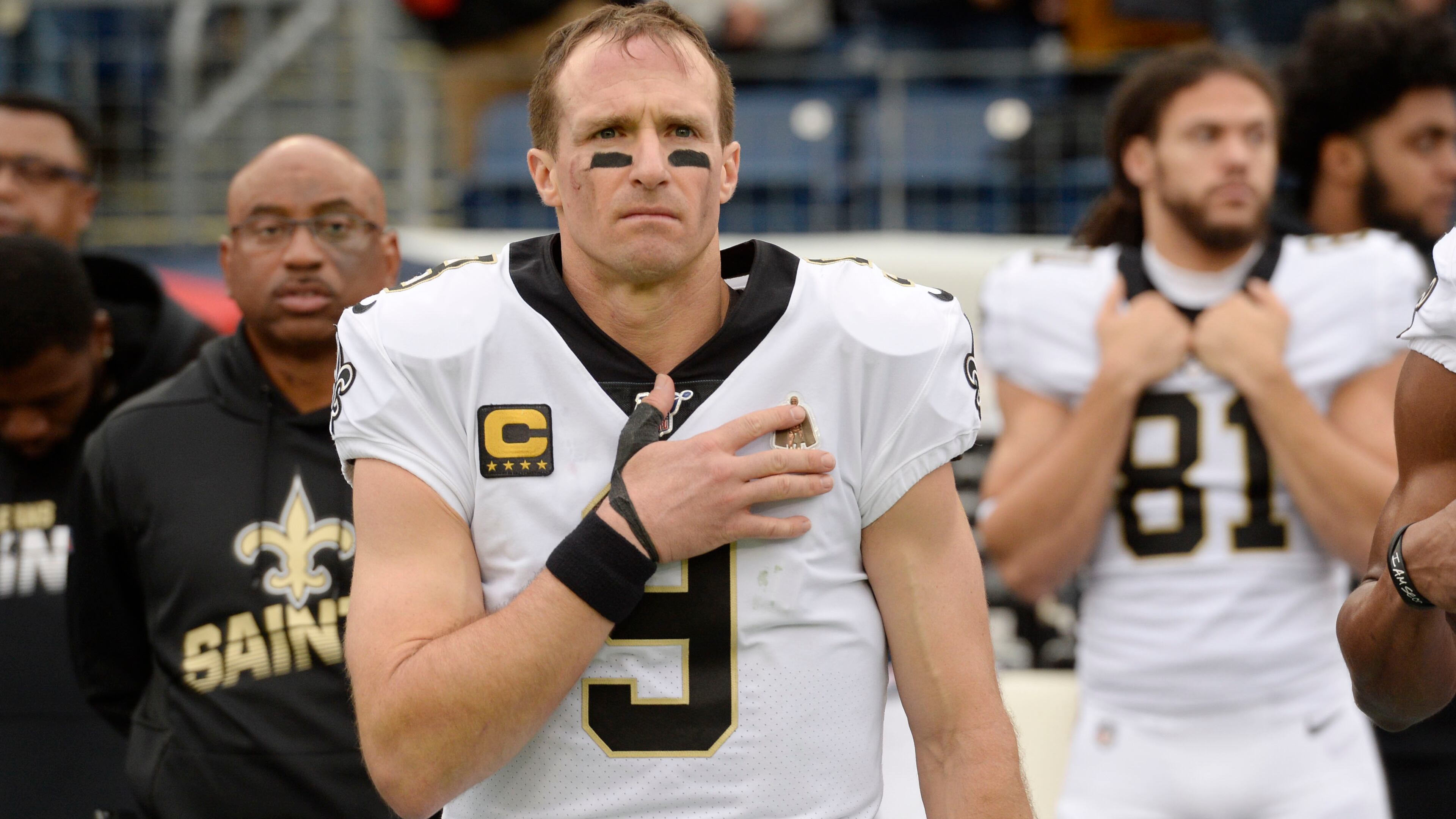 New Orleans Saints quarterback Drew Brees during the national anthem before a football game Sunday, Dec. 22, 2019, in Nashville, Tenn.