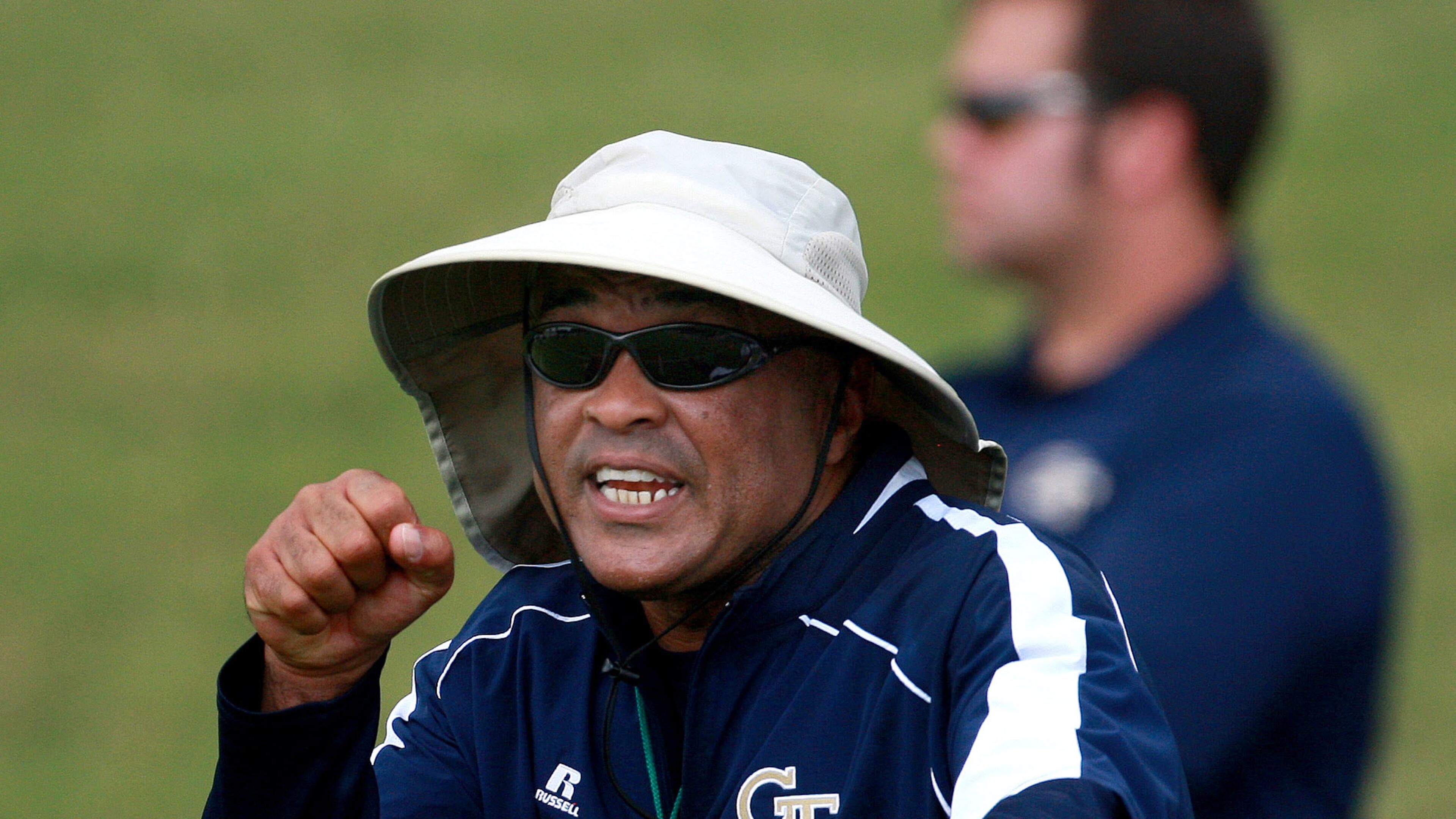 Al Buzz Preston - wide receivers coach, gestures as he tells his receivers to make the tough catches. Johnny Crawford/ jcrawford@ajc.com
