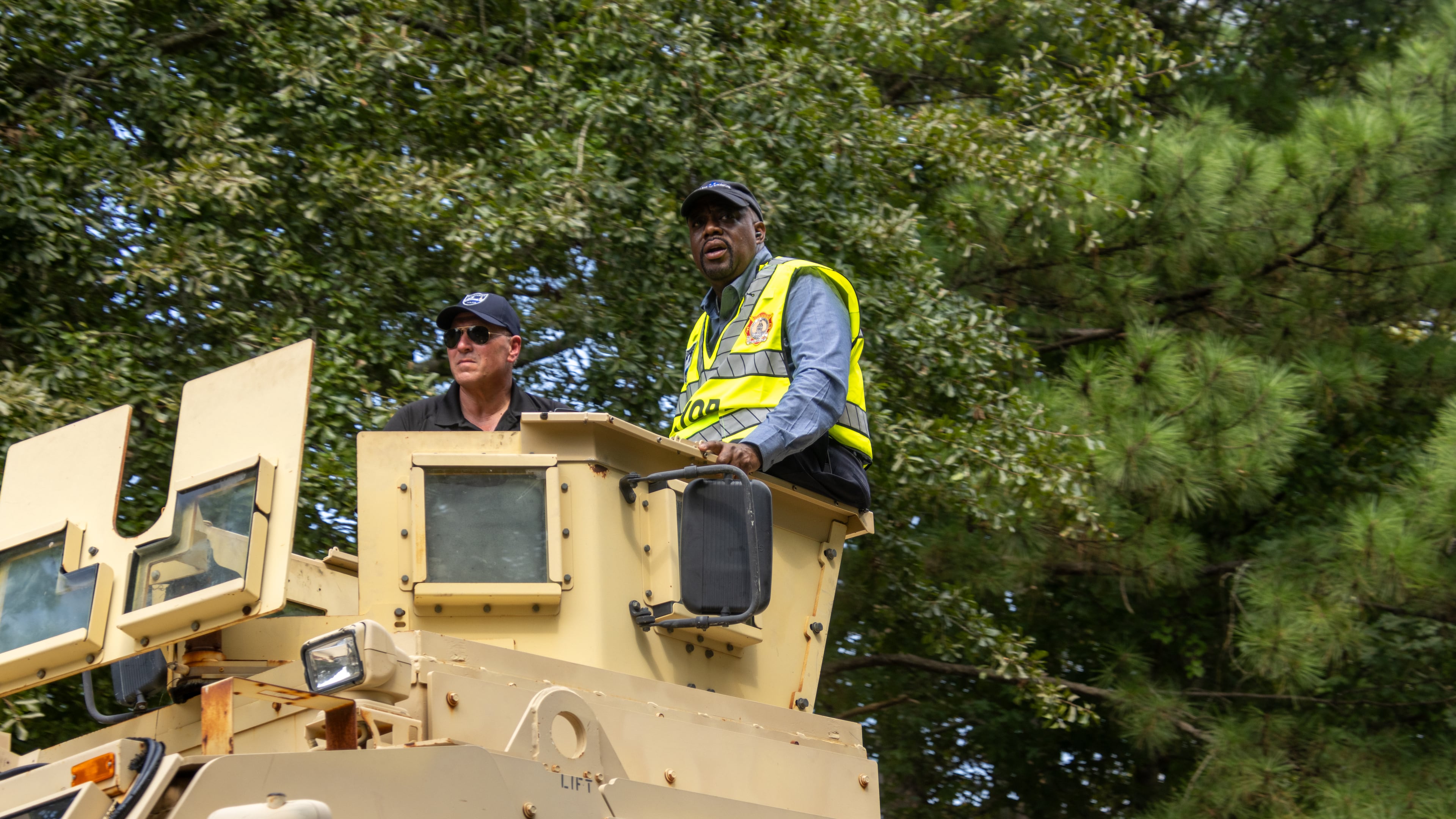 Mayor Van Johnson drives around in a military grade police unit to check on the flooding and residents in Savannah, 2024. (Katelyn Myrick/AP)