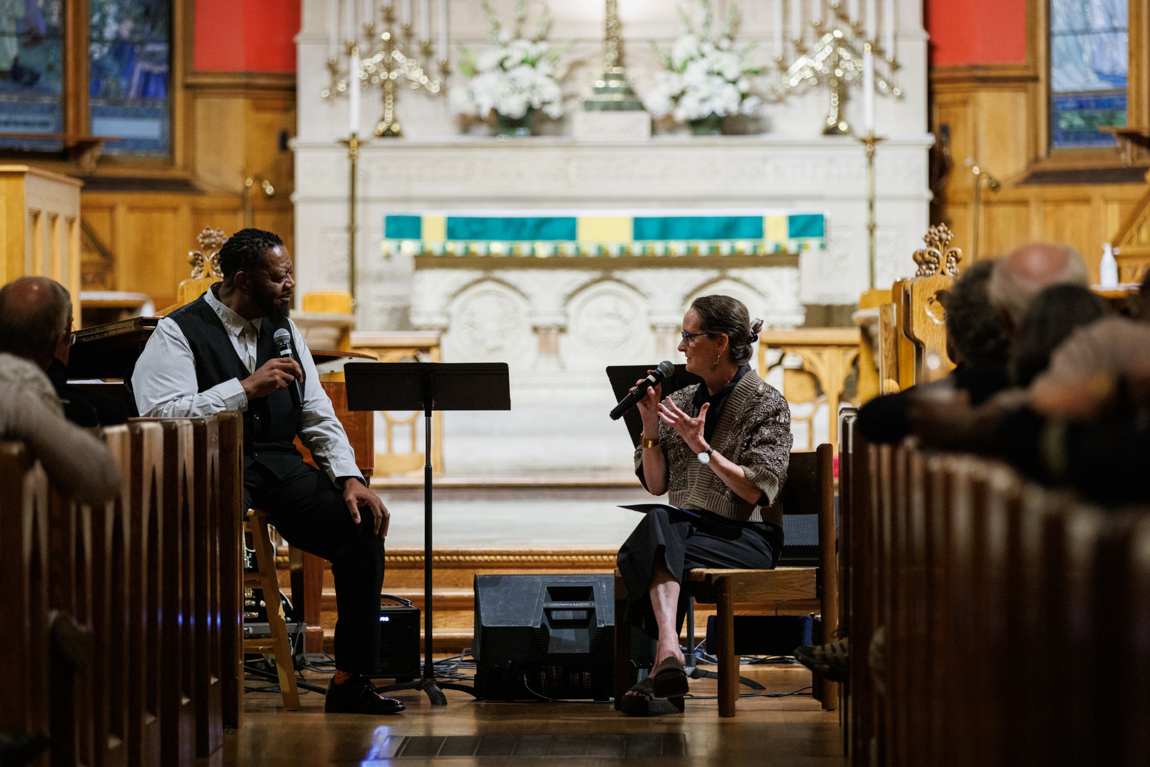 Gary Motley and Virginia Schenck speak during a Q&A session after his performance.
Courtesy Dustin Chambers