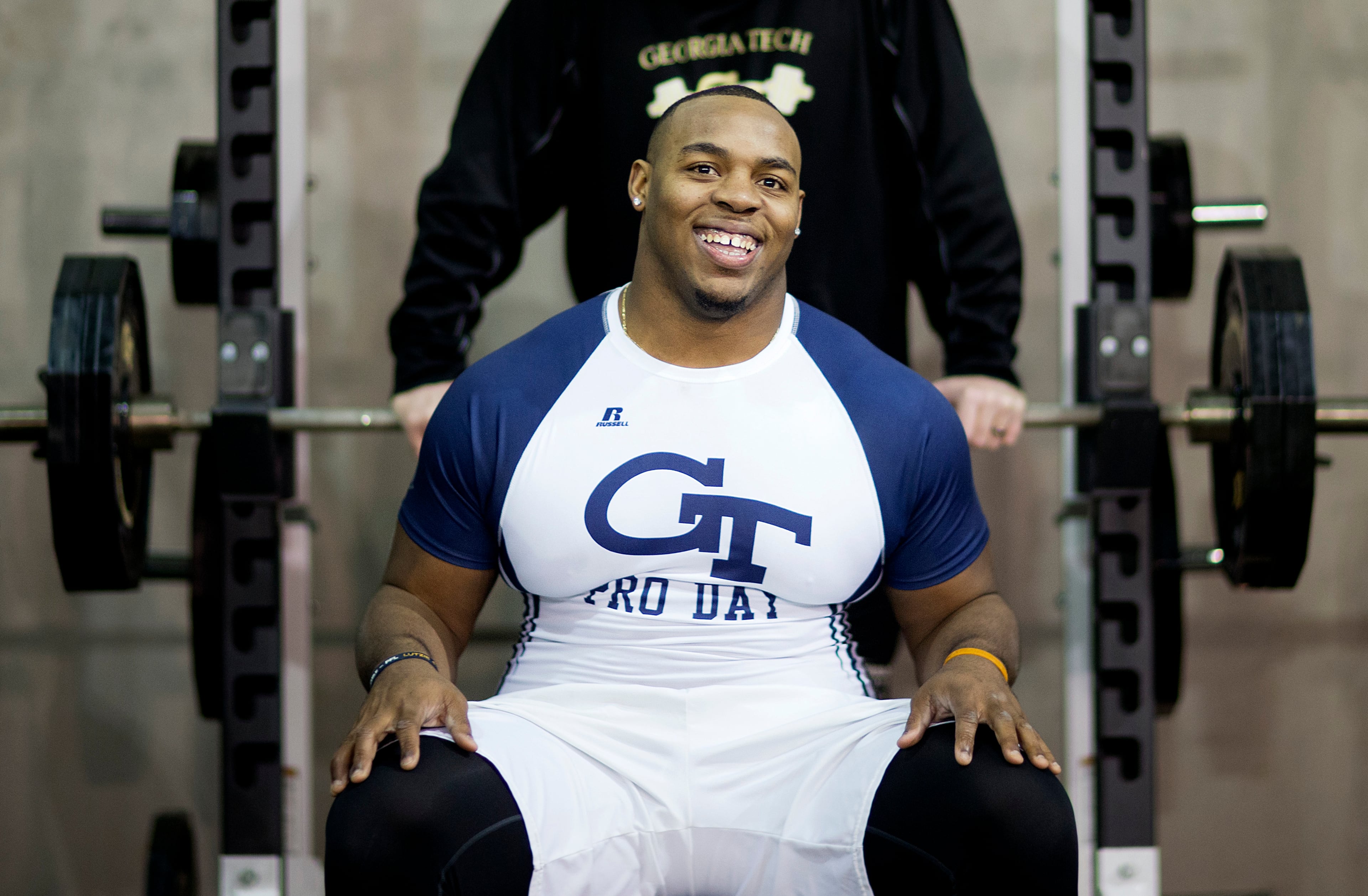 Shaquille Mason prepares to bench press in front of scouts during NFL Pro Day at Georgia Tech Friday, March 13, 2015, in Atlanta. (AP Photo/David Goldman)
