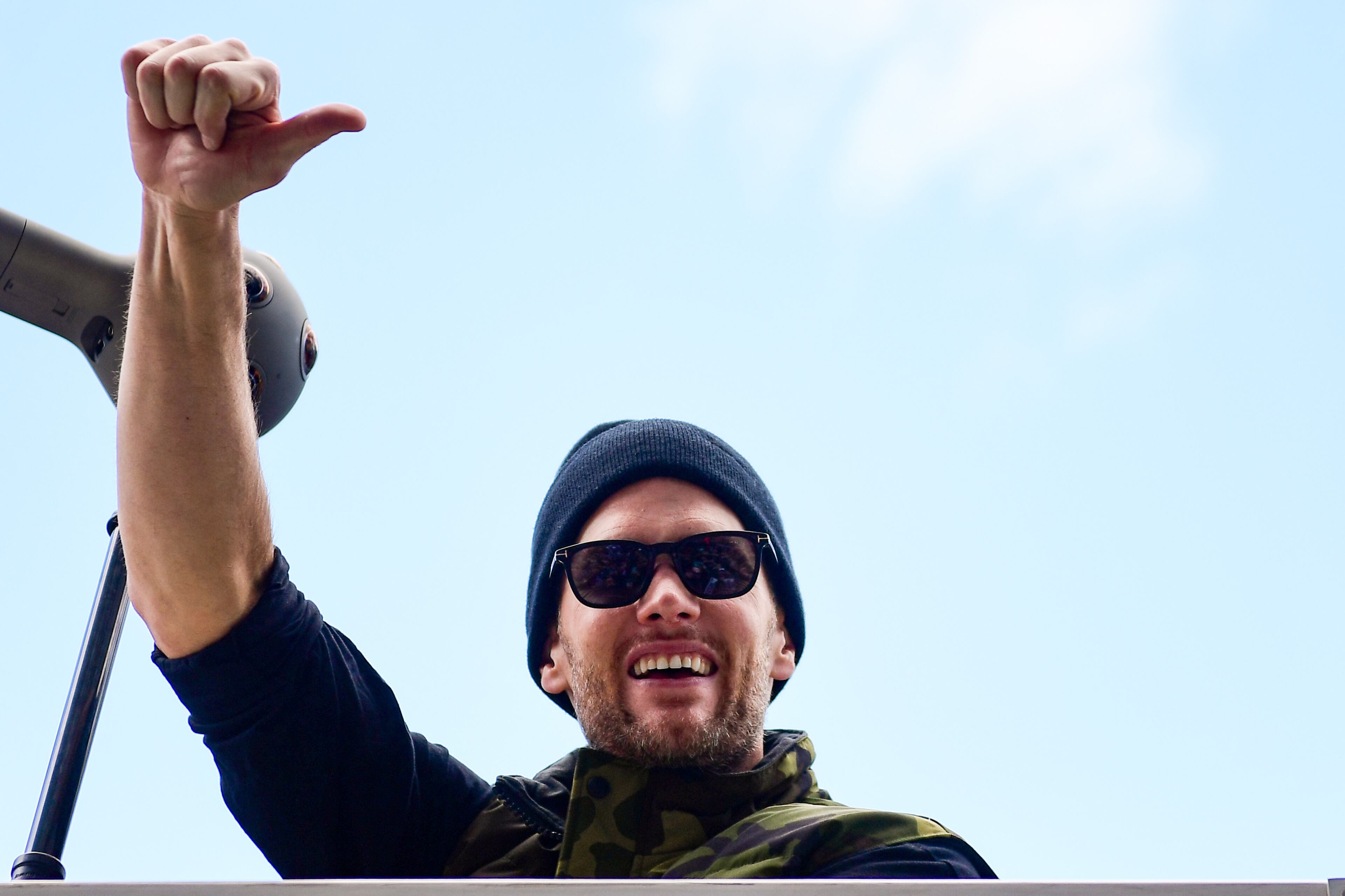 BOSTON, MASSACHUSETTS - FEBRUARY 05: Tom Brady #12 of the New England Patriots reacts during the Super Bowl Victory Parade on February 05, 2019 in Boston, Massachusetts. (Photo by Billie Weiss/Getty Images)