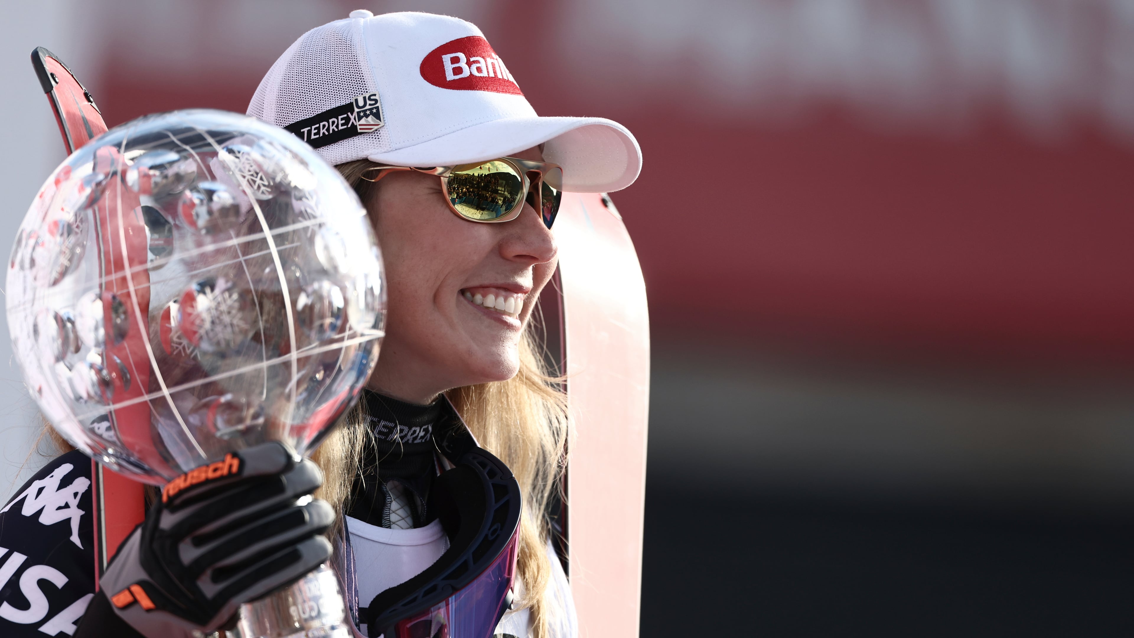 FILE - United States' Mikaela Shiffrin celebrates winning the women's overall World Cup skiing title, at the Lillehammer World Cup Finals, in Hafjell, Norway, Wednesday, March 25, 2026. (AP Photo/Gabriele Facciotti, File)