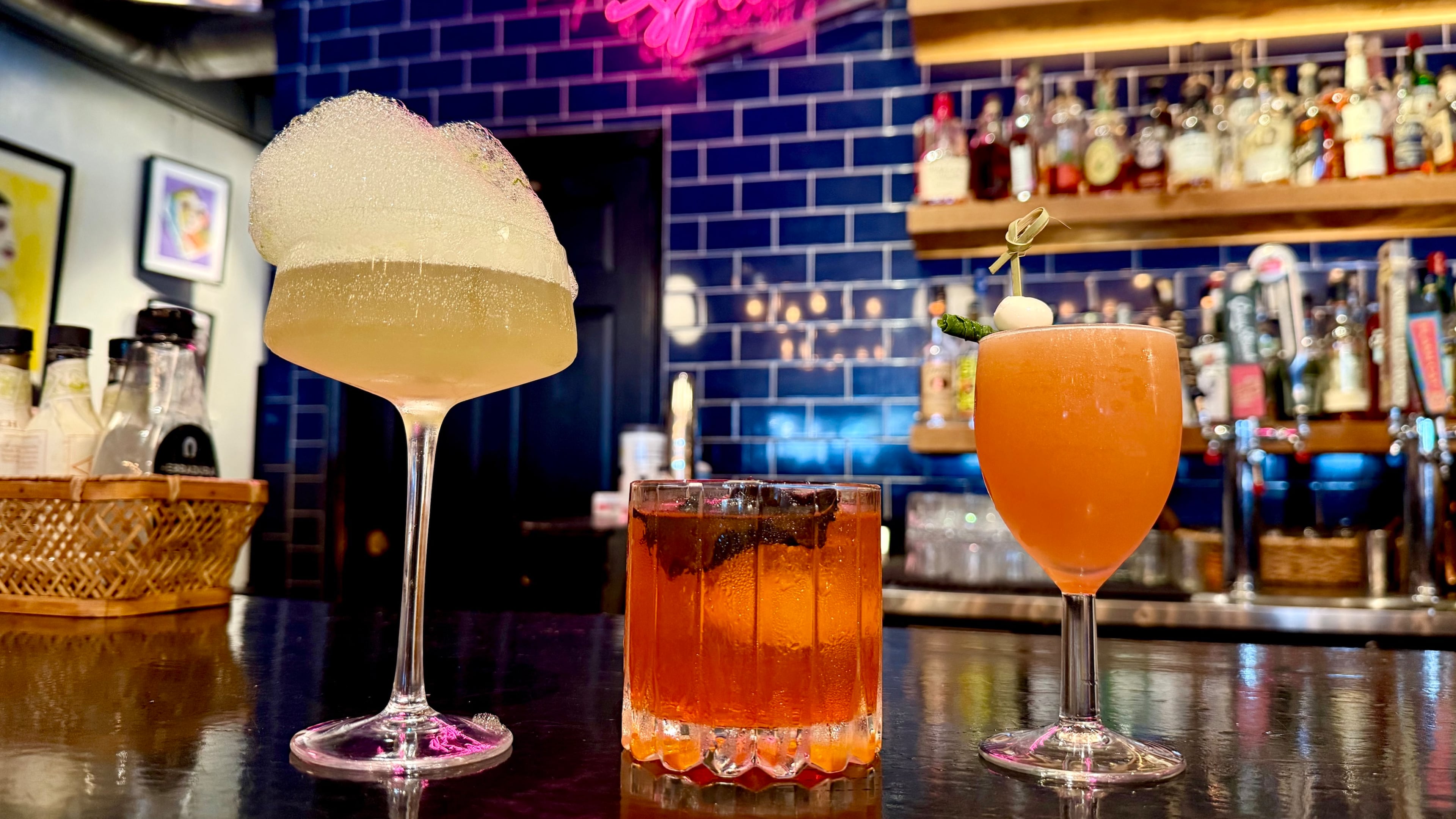 Kindred beverage manager Erik Ramirez added a trio of savory cocktails to this summer's new beverage menu. Pictured from left are the Olo, the Spore, Spice & Spirit and the Caprese Reviver. (Angela Hansberger for the AJC)