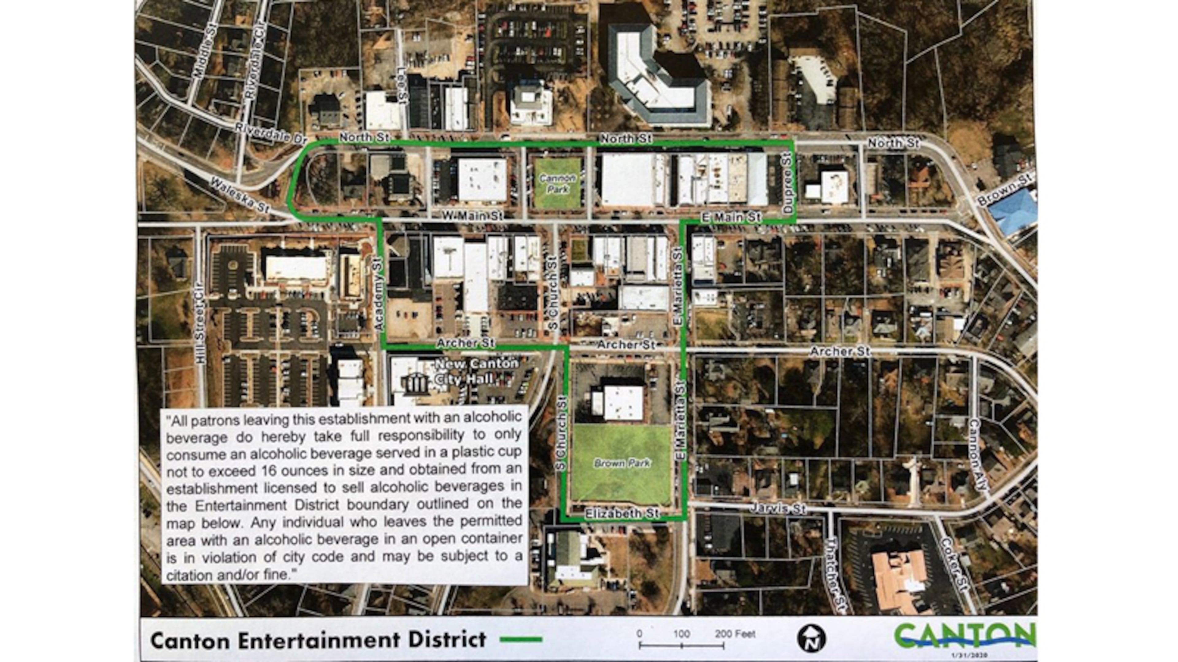 Map depicts Canton’s new downtown entertainment district where people can carry alcoholic beverages on the street, subject to certain conditions. CITY OF CANTON