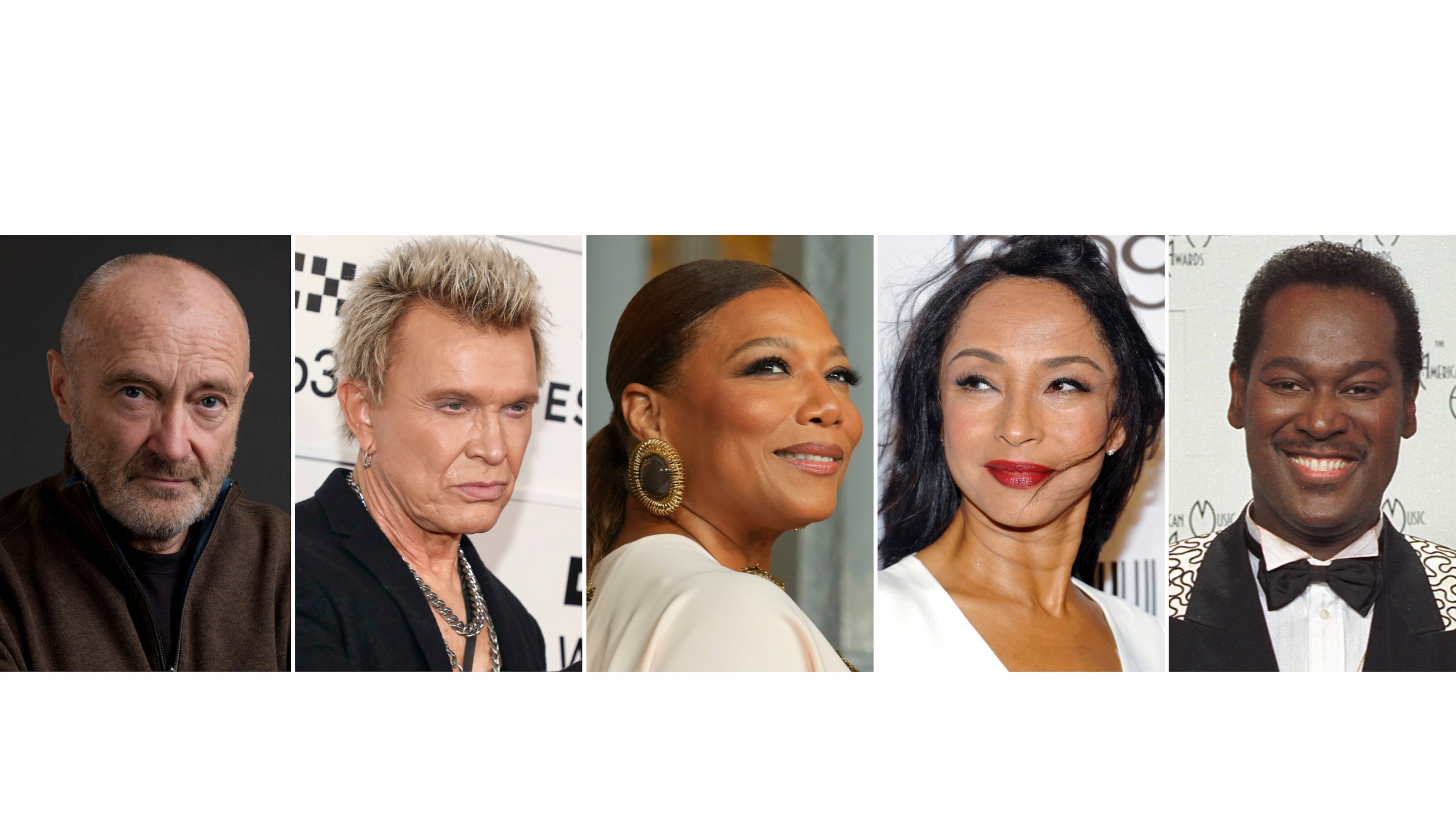 This combination of images show, from left, Phil Collins, Billy Idol, Queen Latifah, Sade and Luther Vandross. (AP Photo)