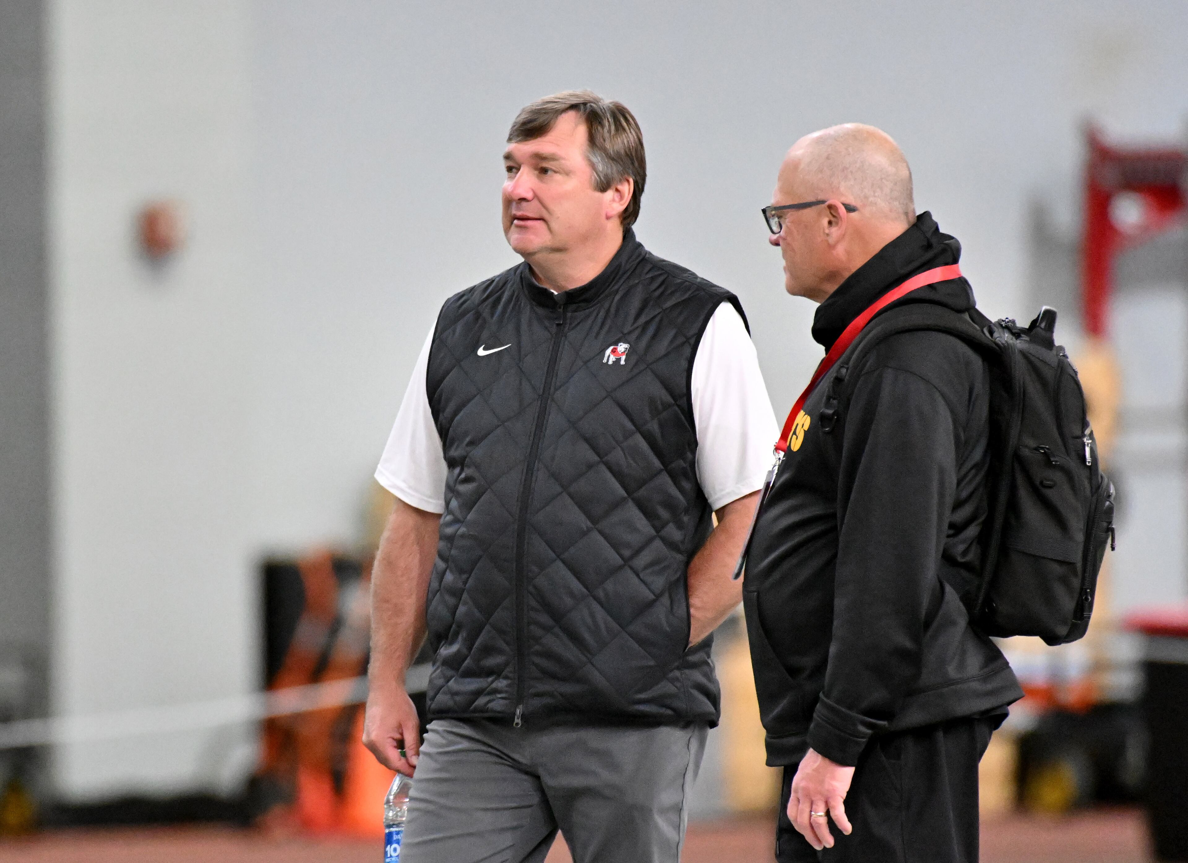 Georgia head coach Kirby Smart watches during Georgia Pro Day at Payne Indoor Athletic Facility, Wednesday, Mar. 13, 2024, in Athens. (Hyosub Shin / Hyosub.Shin@ajc.com)