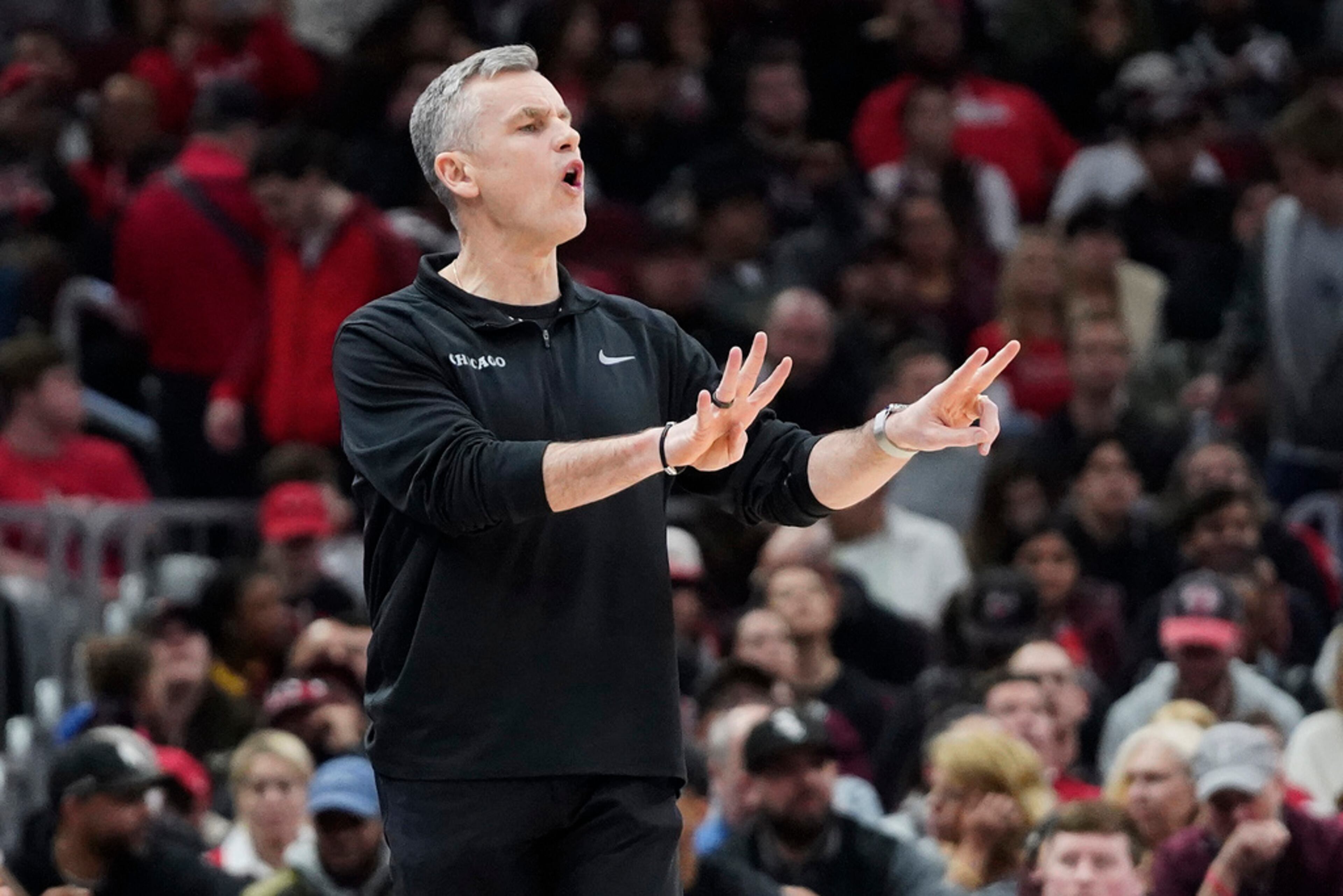 Chicago Bulls coach Billy Donovan gestures to the team during the first quarter of an NBA basketball game against the Atlanta Hawks on Tuesday, April 4, 2023, in Chicago. (AP Photo/David Banks)
