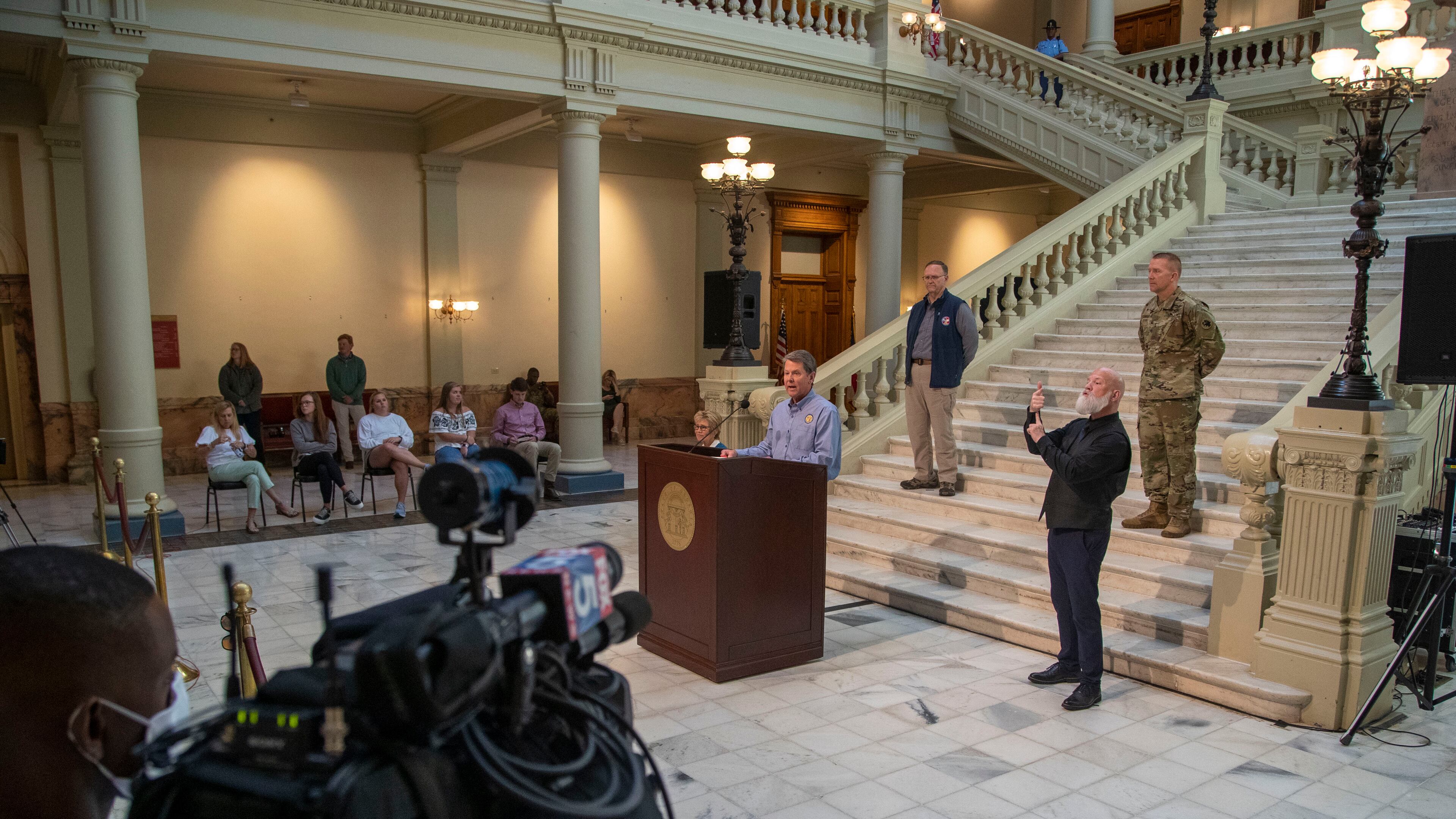 04/27/2020 - Atlanta, Georgia - Georgia Gov. Brian Kemp speaks during a presser at the Georgia State Capitol building in Atlanta, Monday, April 27, 2020. Kemp did not say whether he would extend the shelter in place order thatâs set to expire at midnight Thursday. Earlier Kemp urged the âmedically fragileâ and elderly to stay home, with limited exceptions, through May 13. âWe are fighting with everything in our power to keep the medically fragile and the elderly out of harmsâ way,â he said. (ALYSSA POINTER / ALYSSA.POINTER@AJC.COM)