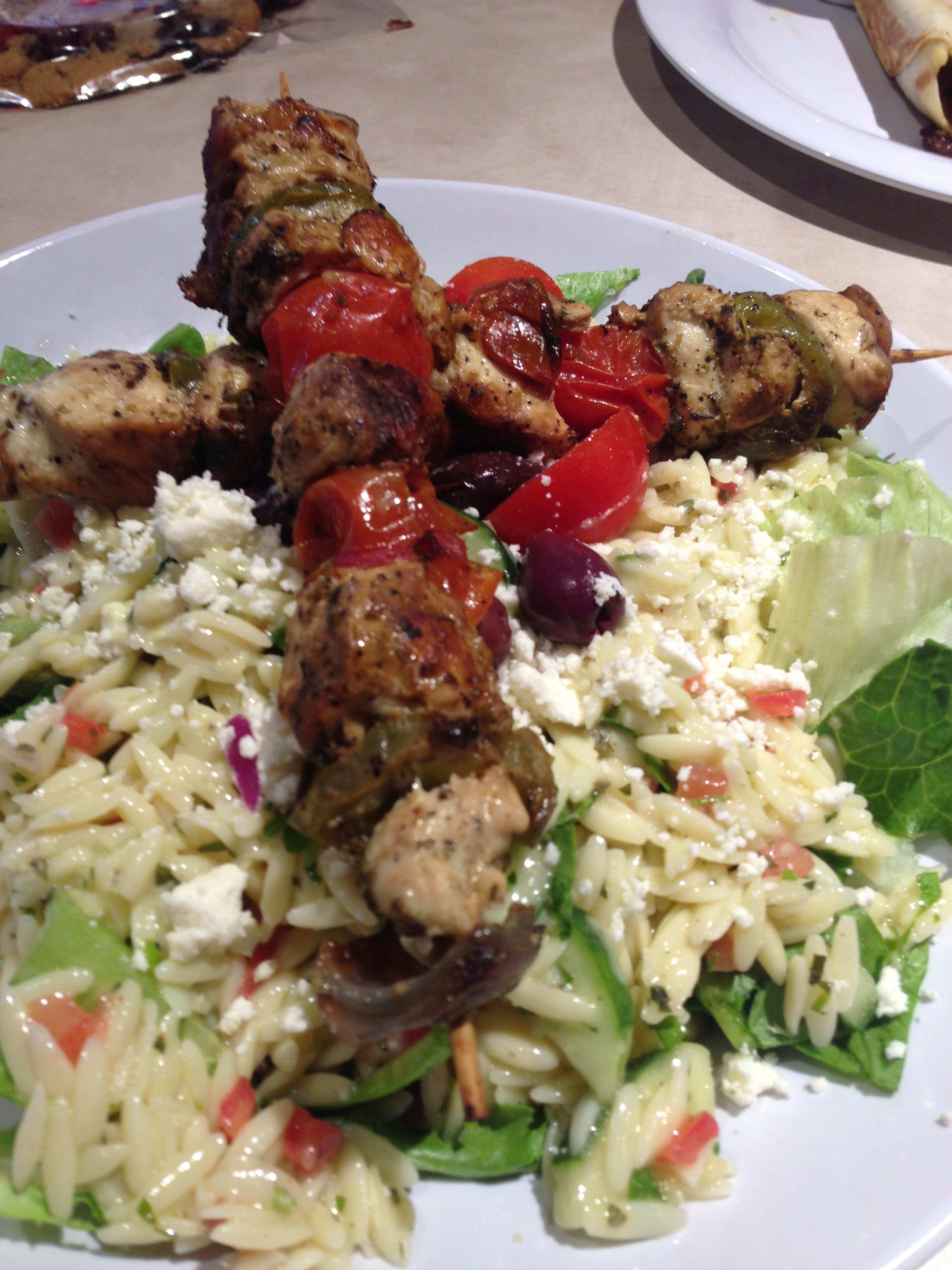 "I like the easygoing way the menu provides healthier options without hectoring. The “Grüben” subs out grilled turkey for corned beef and replaces the Russian dressing with spicy mustard. Sounds good — better probably than those oddly presented chicken kabobs. Decent flavor, but cold in the center as if they had been precooked and not quite heated to order. I picked at the orzo and Greek salads on the plate, which reminded me of food from a decent hotel buffet."