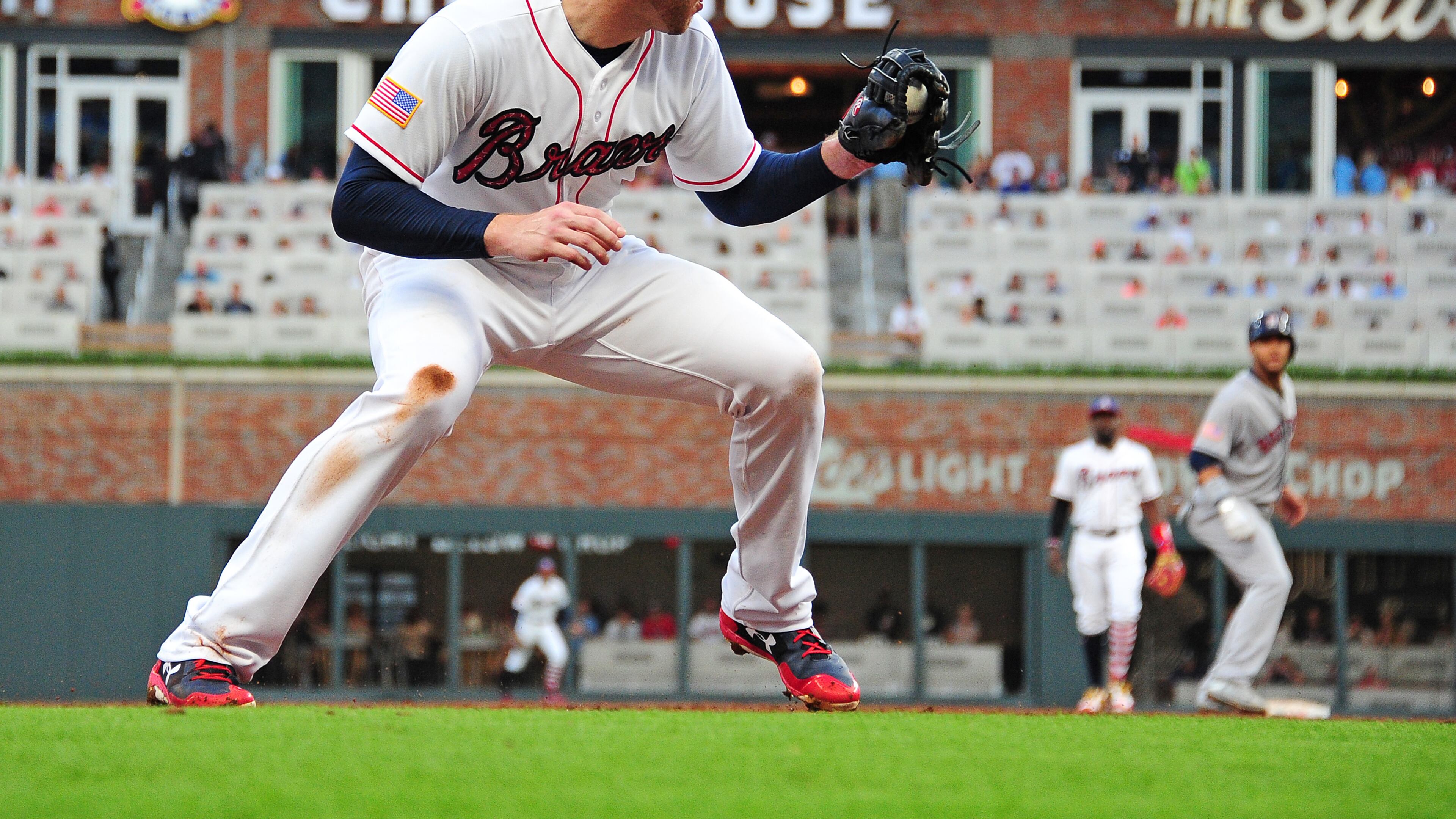 Freddie Freeman of the Braves fields a ground ball at third base against the Houston Astros during the second inning at SunTrust Park on July 4, 2017. (Photo by Scott Cunningham/Getty Images)