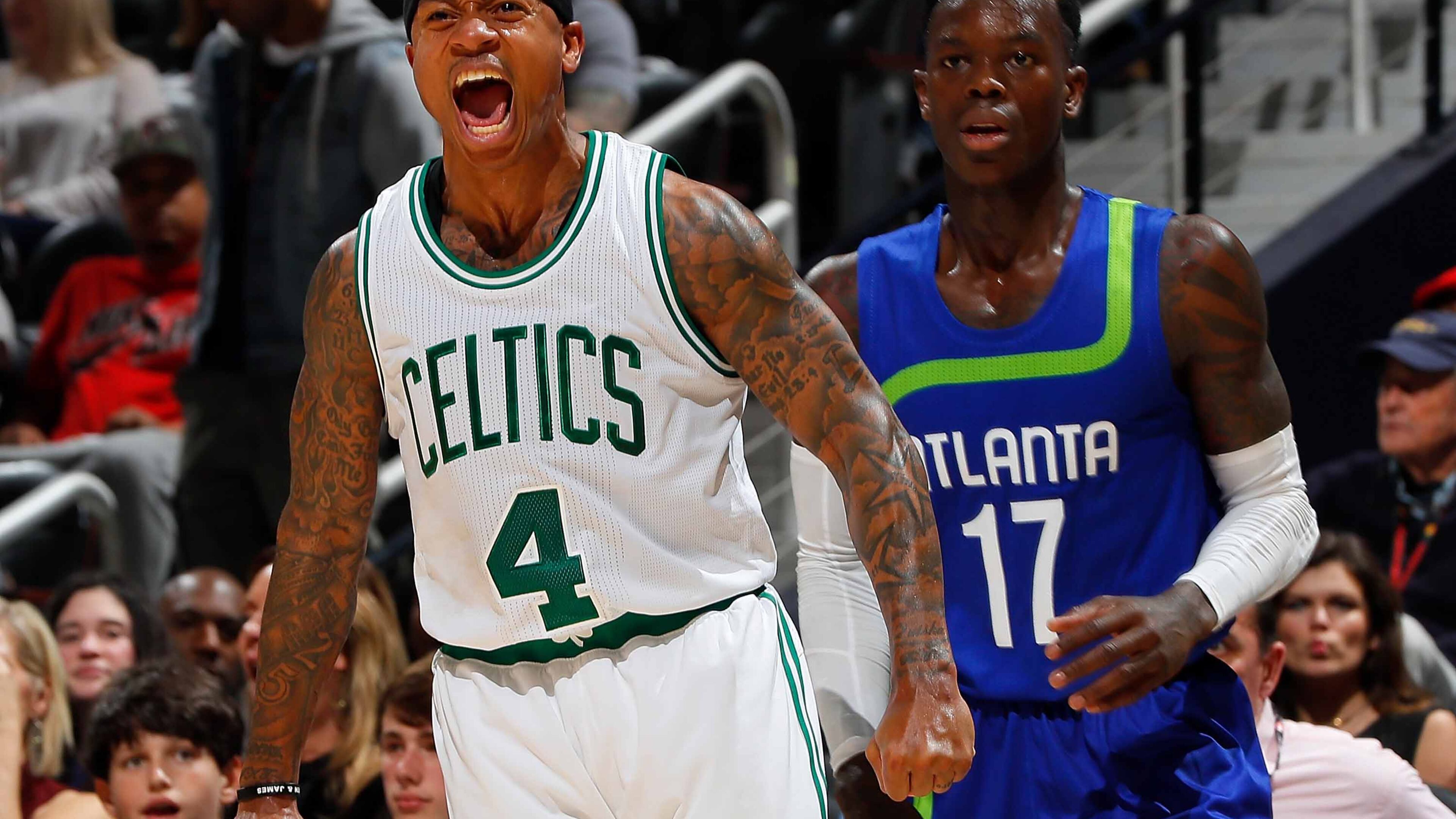 ATLANTA, GA - JANUARY 13: Isaiah Thomas #4 of the Boston Celtics reacts after hitting a three-point basket against the Dennis Schroder #17 of the Atlanta Hawks at Philips Arena on January 13, 2017 in Atlanta, Georgia. NOTE TO USER User expressly acknowledges and agrees that, by downloading and or using this photograph, user is consenting to the terms and conditions of the Getty Images License Agreement. (Photo by Kevin C. Cox/Getty Images)
