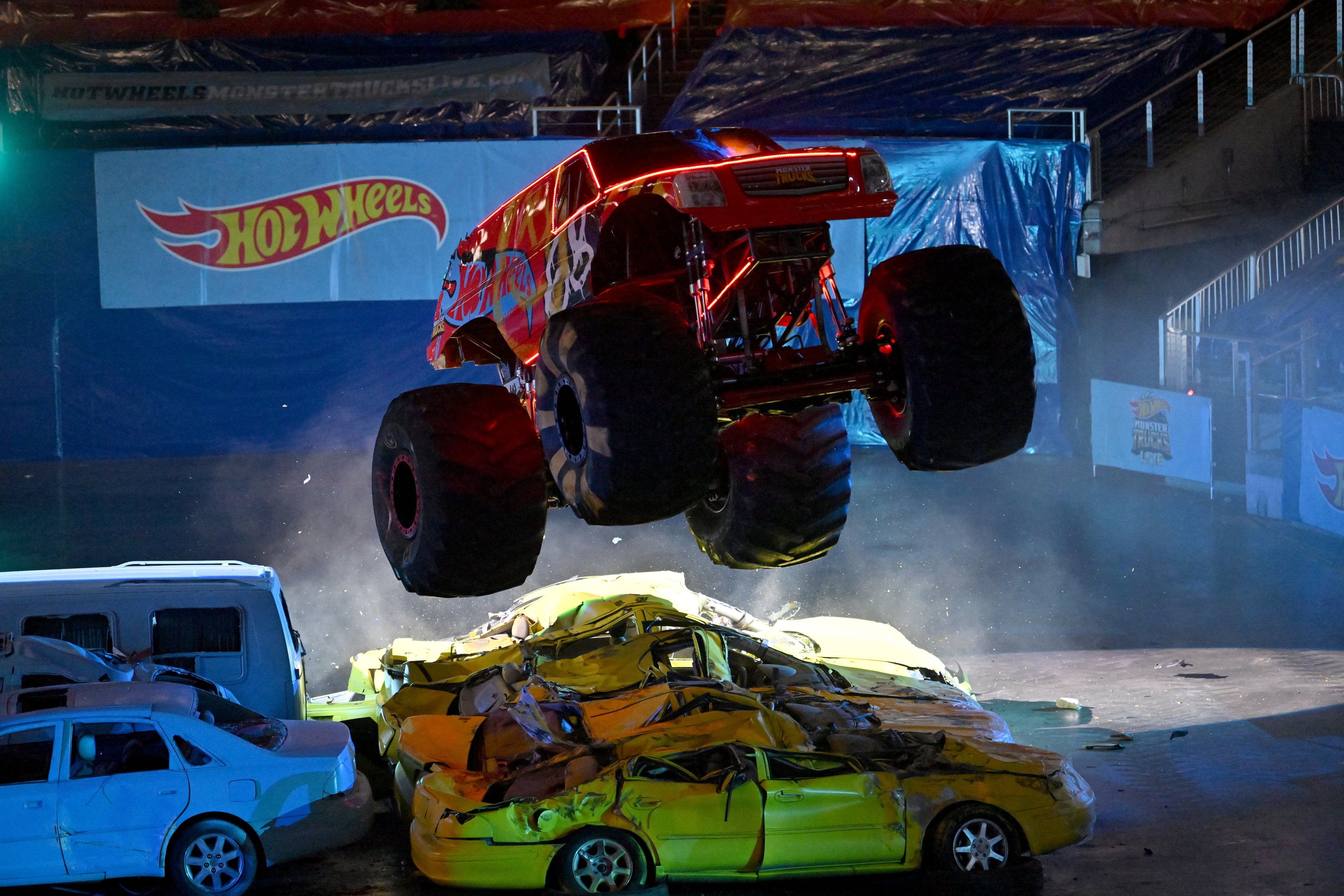 Demo Derby participates in Long Jump competition during Hot Wheels Monster Trucks Live at State Farm Arena, Saturday, December 6, 2024, in Atlanta. (Hyosub Shin / Hyosub.Shin@ajc.com)