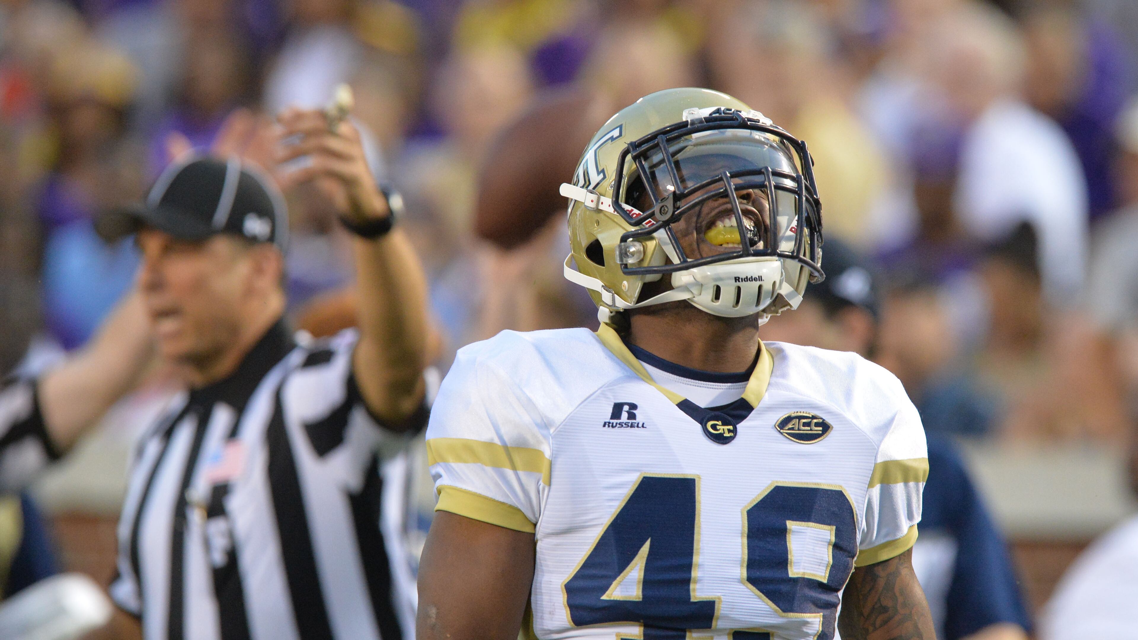 September 3, 2015 Atlanta - Georgia Tech Yellow Jackets running back Clinton Lynch (49) reacts in the first half of the Georgia Tech season opener against the Alcorn State Braves in Bobby Dodd Stadium on Thursday, September 3, 2015. HYOSUB SHIN / HSHIN@AJC.COM