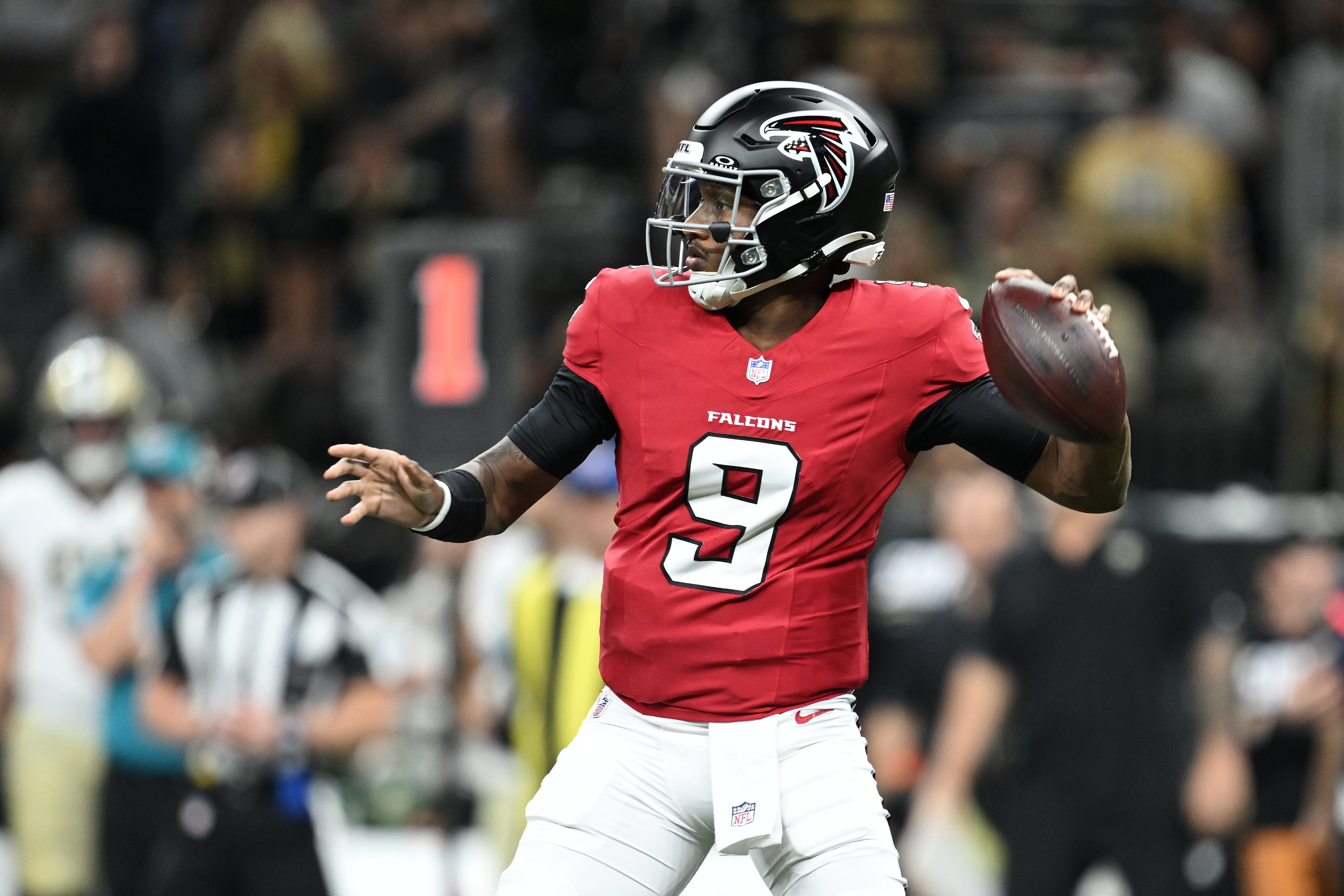 Atlanta Falcons quarterback Michael Penix Jr. passes against the New Orleans Saints during the first half of an NFL football game in New Orleans, Monday, Oct. 5, 2026. The Falcons dominated from the start, coming out on top 45-24. (Ella Hall/AP)