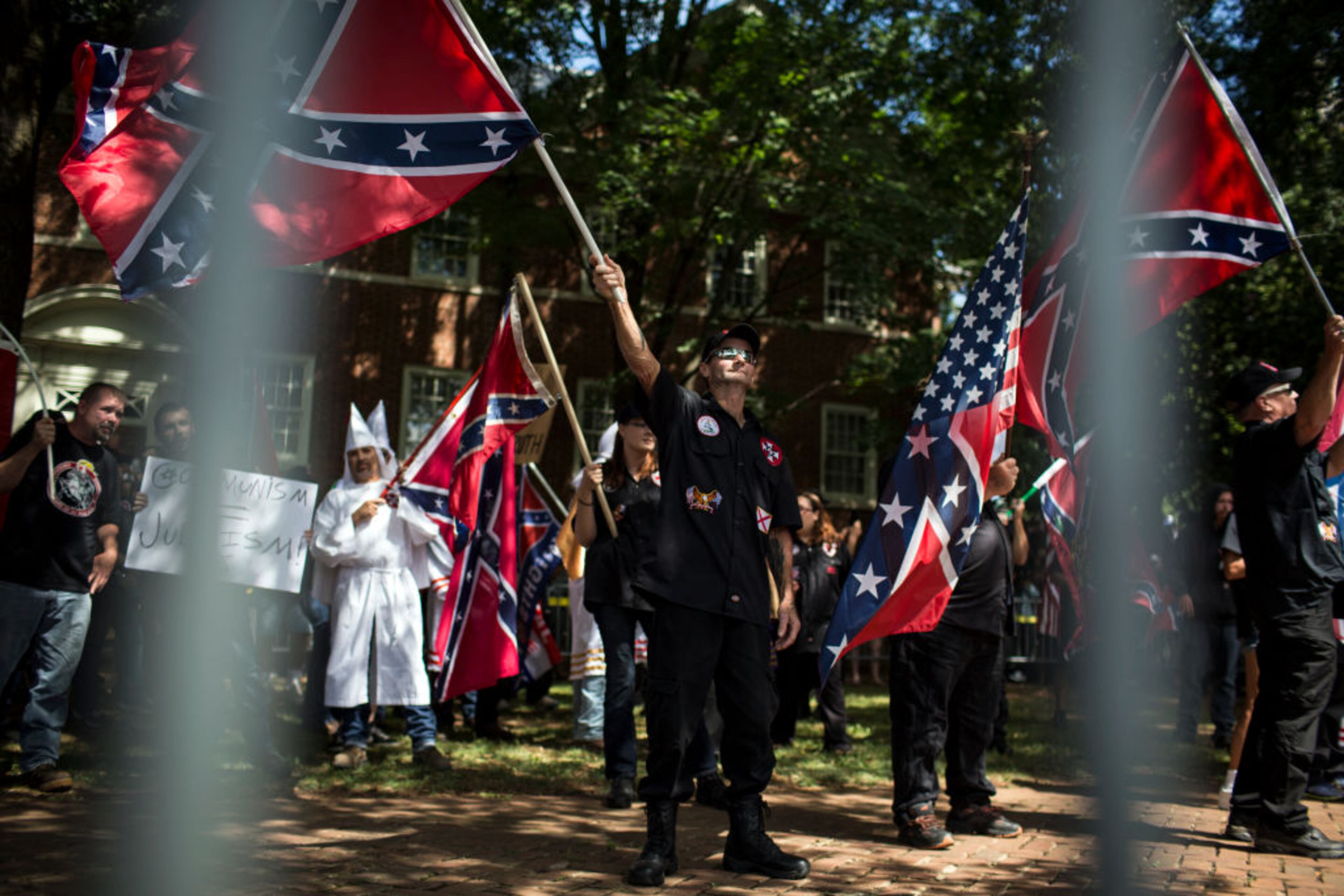 CHARLOTTESVILLE, VA - JULY 08: The Ku Klux Klan protests on July 8, 2017 in Charlottesville, Virginia. The KKK is protesting the planned removal of a statue of General Robert E. Lee, and calling for the protection of Southern Confederate monuments. (Photo by Chet Strange/Getty Images)